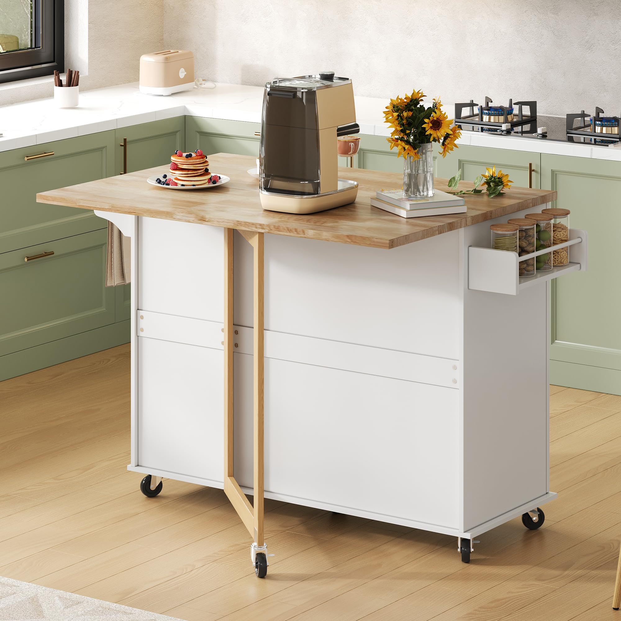 Merax Mobiler Küchentisch Kücheninsel auf Rädern mit klappbarer Eichenholz-Arbeitsplatte, Multifunktionaler Schrank, 5 Räder, für Küche, Esszimmer und Zuhause, 137 x 43(76) x 92 cm,Weiß