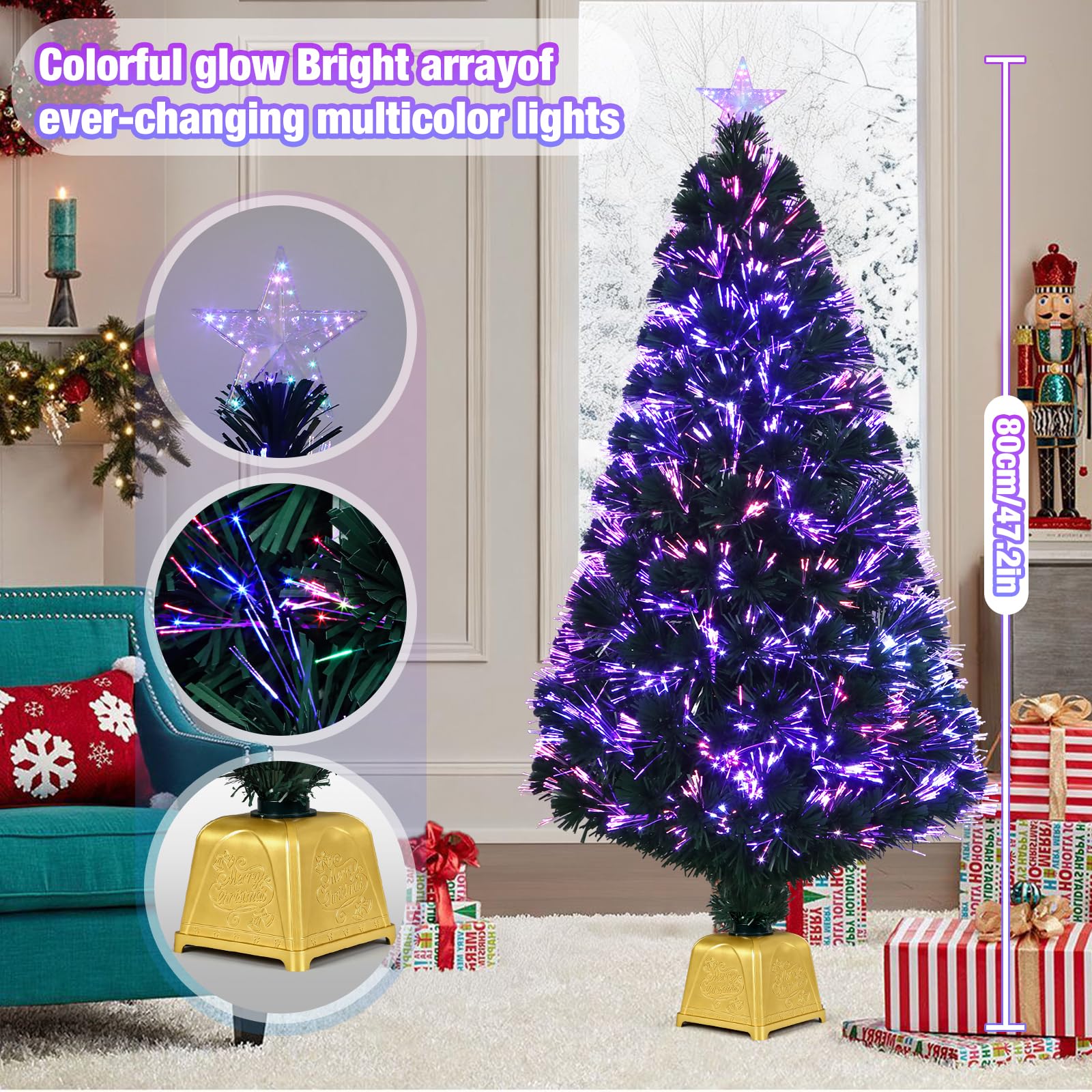 Albero di Natale artificiale verde in fibra ottica, 1,2 m, con supporto