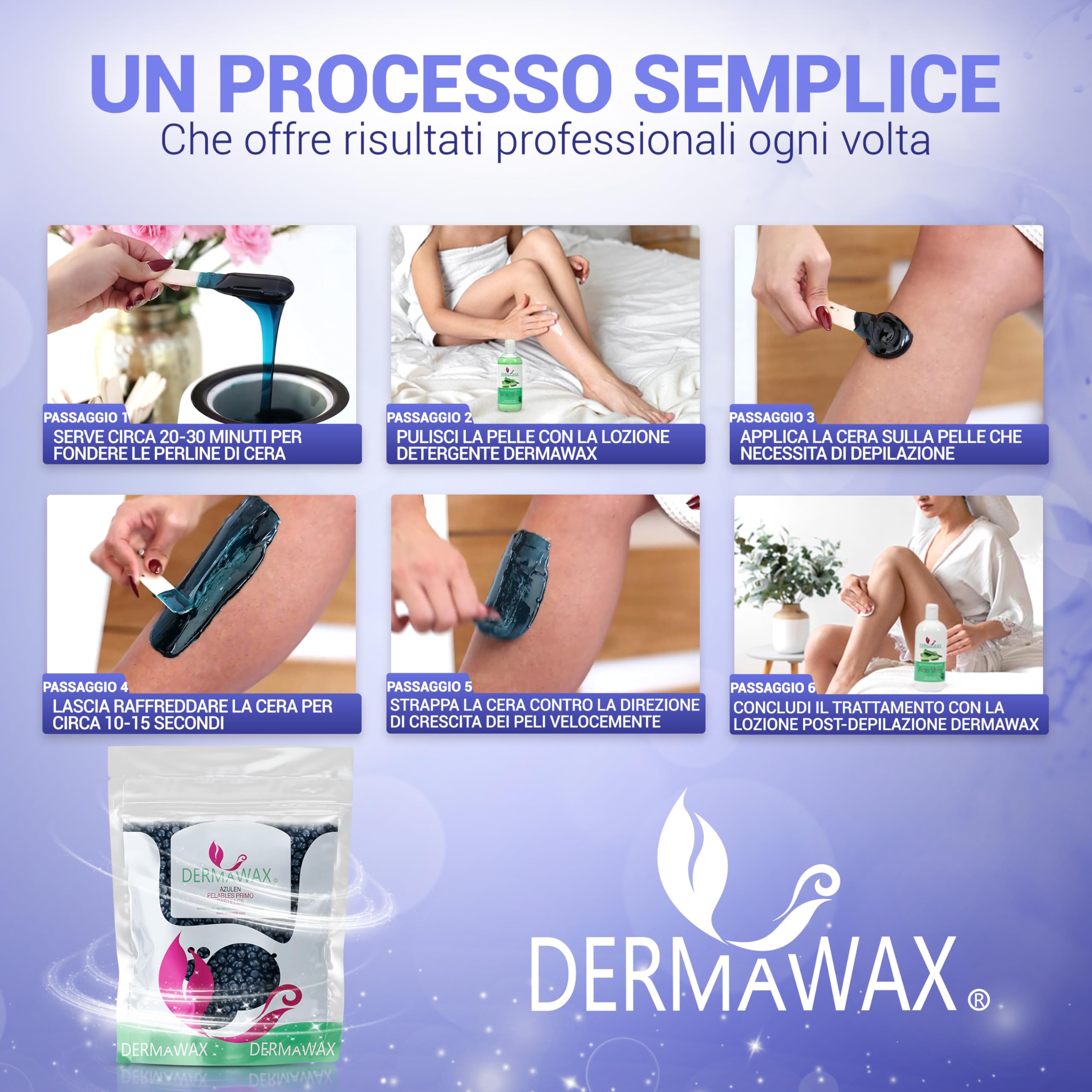 Dermawax Cera Brasiliana Professionale Cera Brasiliana perle per ceretta depilatoria senza strisce, Ceretta indolore per uomo e donna, a bassa temperatura 2 kg Azulene