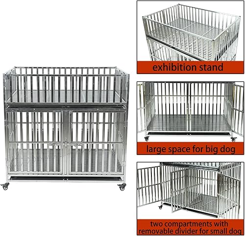 Miniatura 2 de Confote Jaula para perros de acero inoxidable resistente de doble cubierta con divisor, 4 ruedas con bloqueo, puertas dobles y bandeja extraíble