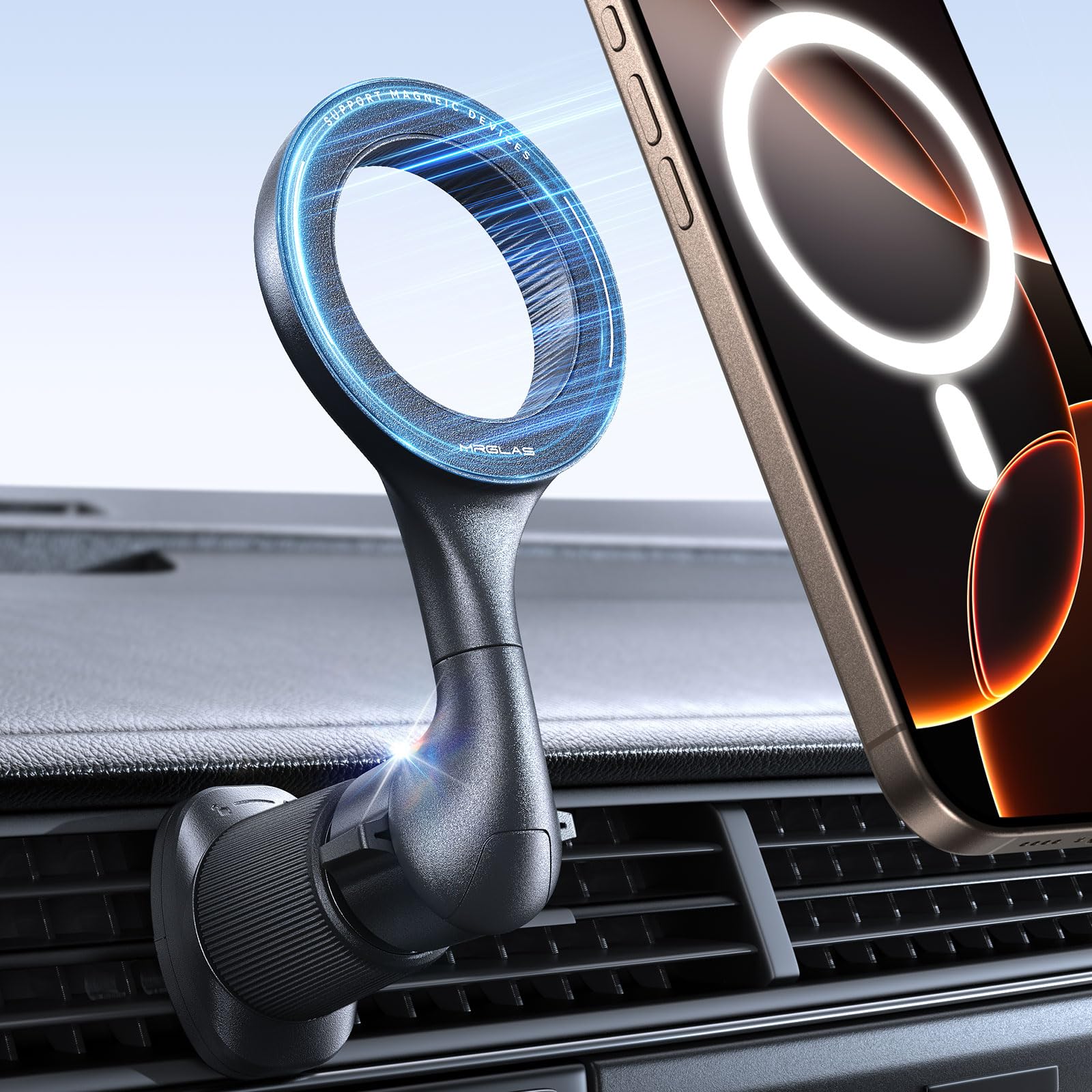 MRGLAS for MagSafe Car Mount [ 2025 Upgraded 40 Strong Magnets] [360° Rotation] Air Vent Magnetic Phone Holder [Double Metal Hook] Car Phone Holder Mount Compatible iPhone 16 15 14 Pro Max Plus S25 24