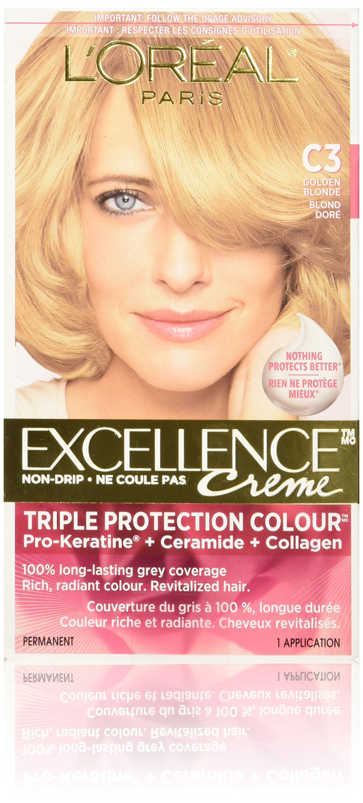 L’Oréal Paris Excellence Crème Permanent Hair Color, C3 Golden Blonde, 100% Grey Coverage, Hair Dye, 1 EA (Packaging May Vary)