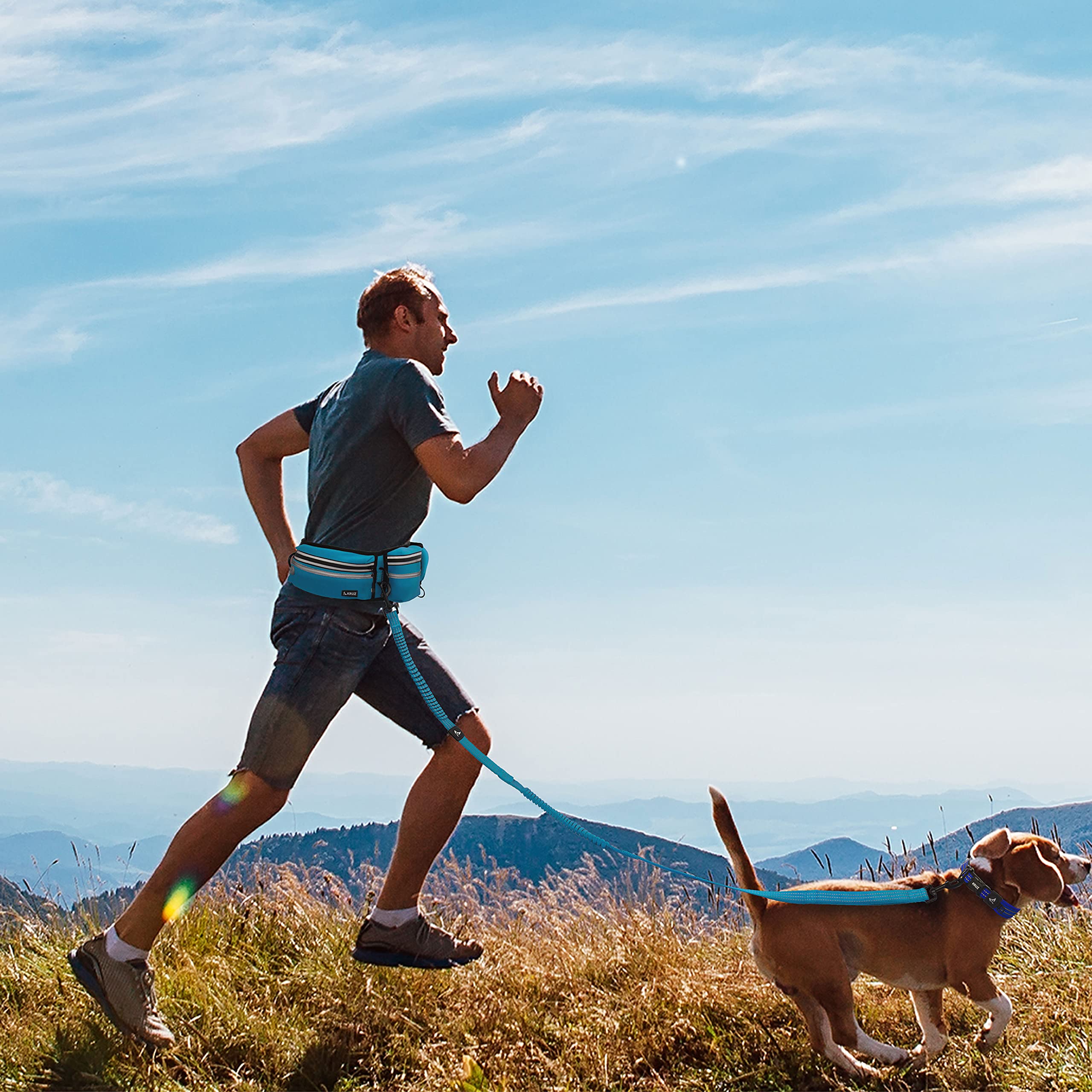 Kruz - Cinturón de Correr y Correa para Perro Manos Libres, Correa elástica retráctil Que Absorbe los Golpes con cinturón para Correr, Caminar, Entrenar, Senderismo, cómodo, Ajustable y Duradero