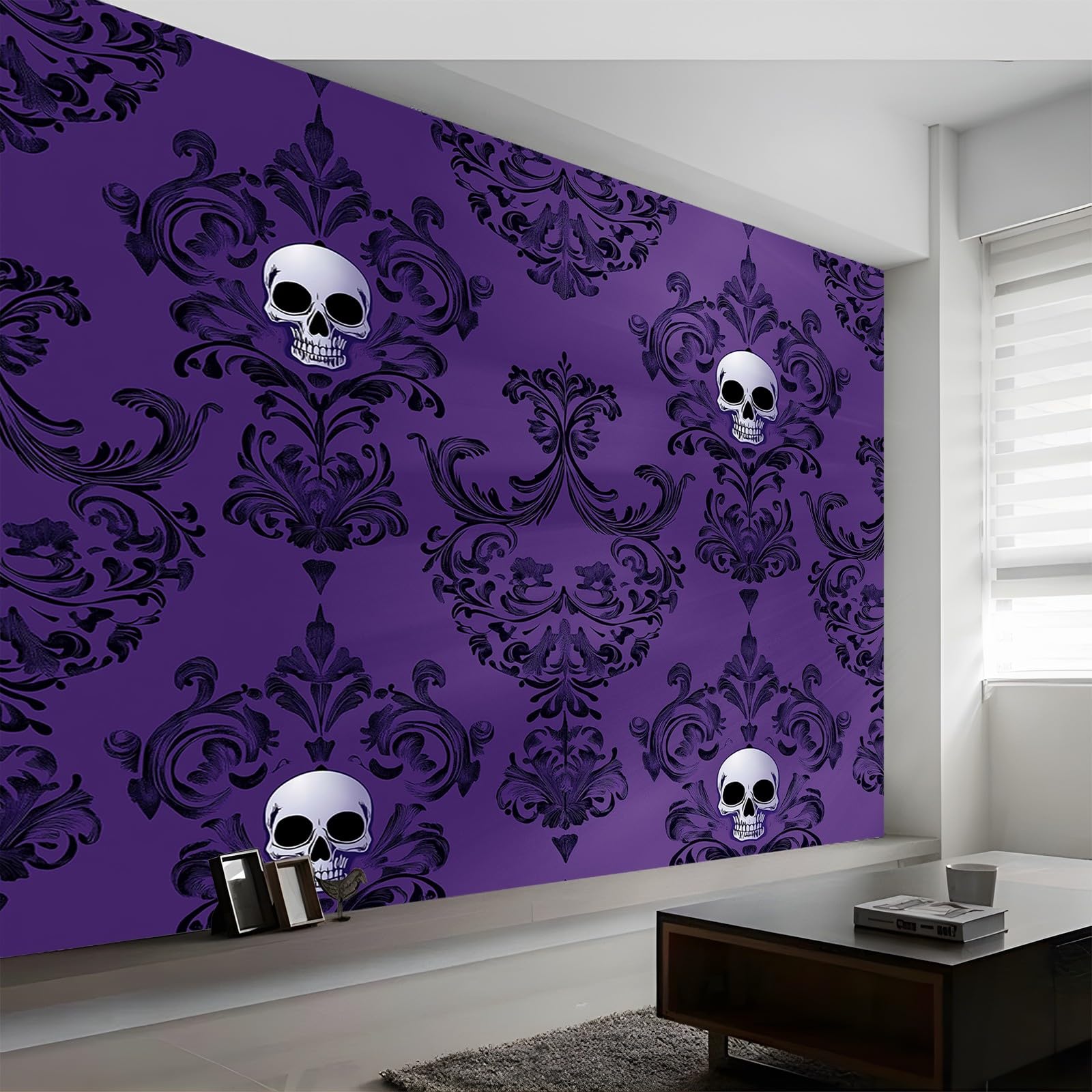 Panoramiczna tapeta z czaszką gotycki wzór fioletowy biały 200 x 140 cm (szer. x wys.), tapeta 3D duże ściany plakat do salonu, pokoju dziecięcego dla dorosłych tapeta z włókniny do sypialni