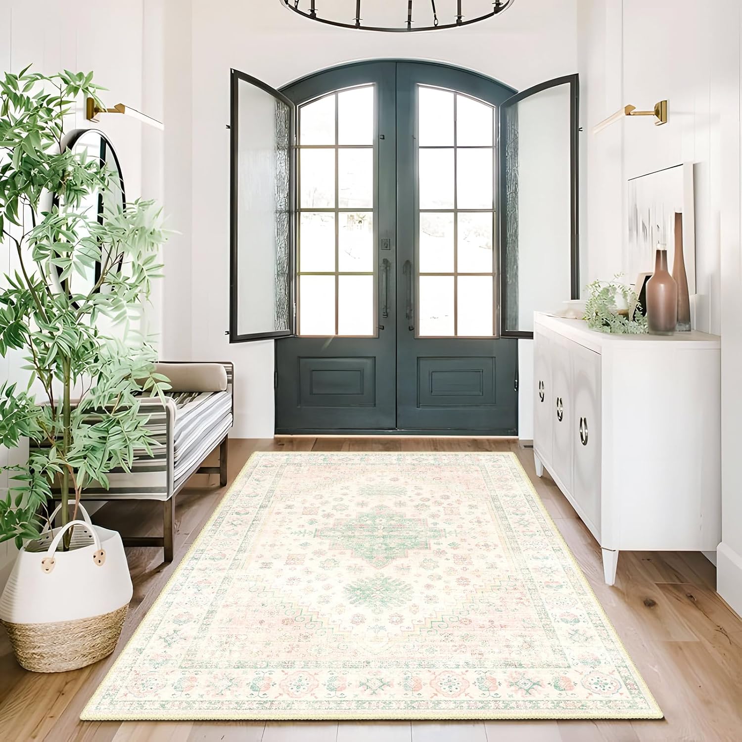 MUJOO 3x5 Rug Washable,Boho Area Rug for Bedroom Entryway Living Room Bathroom,Small Non Slip Indoor Throw Carpet Low Pile Light Pink and Green