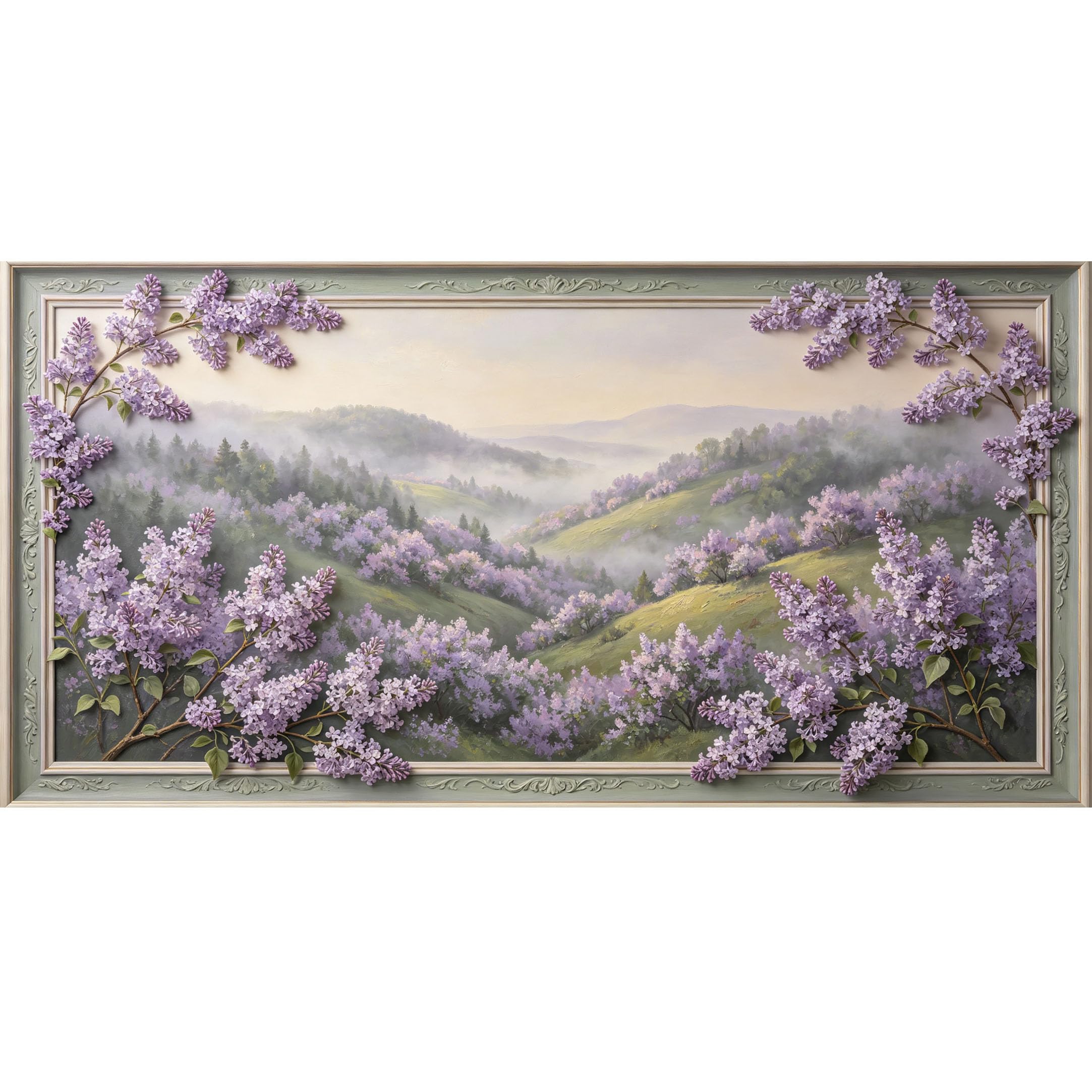 Agglomerix 3D Framed Wall Art Purple Lilac Flower Botanical Landscape Misty Mountain Valley Oil Painting Large Size SelfAdhesive Removable Wall Decor Prints Artwork for Living Room Bedroom Office
