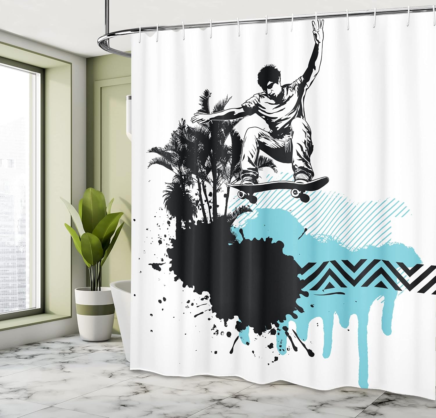 Ambesonne Grunge Shower Curtain, Young Boy Skater Jumping Exotic Sports Theme Motley Skateboarding Illustration, Cloth Fabric Bathroom Decor Set with Hooks, 75" Long, Blue Black