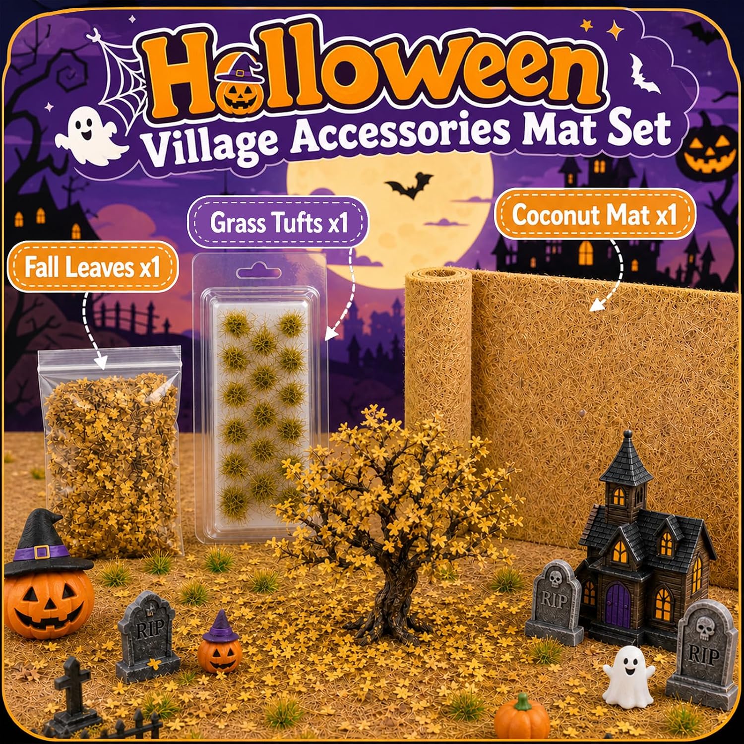 Warmtree 40 x 12 Inch Halloween Village Accessories Mat Mini Leave Set