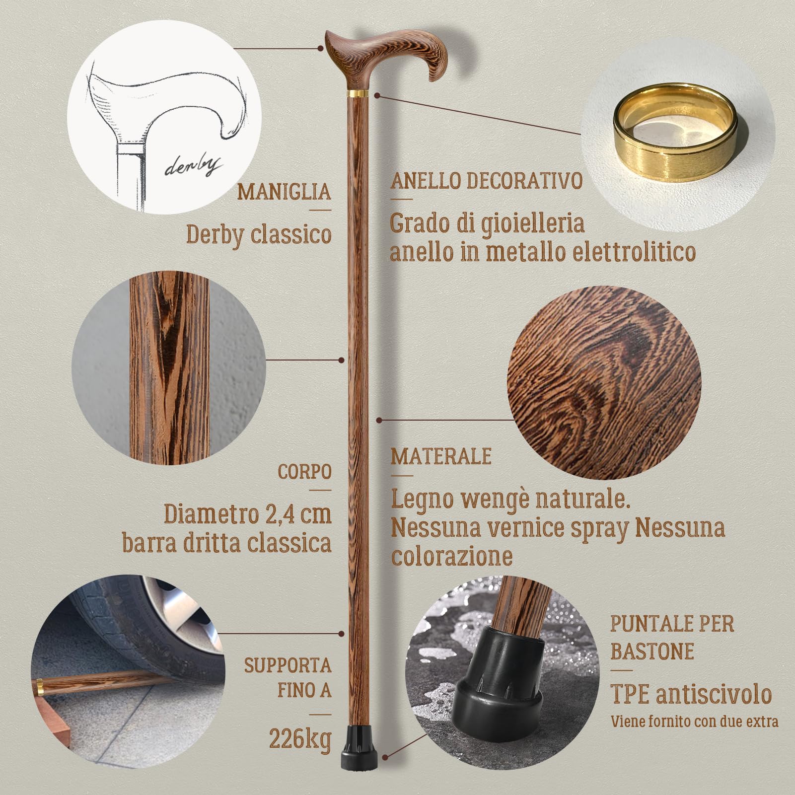 Bastone da passeggio fatto a mano, in legno da uomo e da donna, con portata di 226 kg, per anziani, ergonomici Derby-high-end, in legno massello naturale, adatto per regali