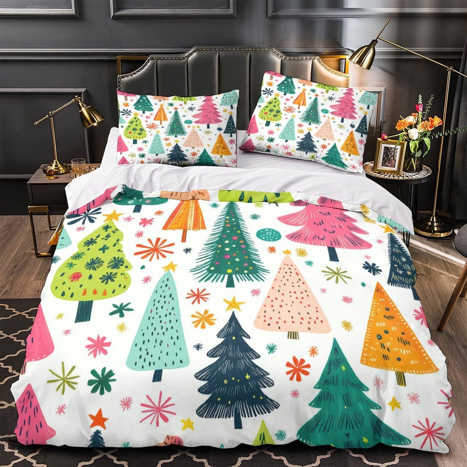 Housse de couette sapins de Noël en microfaser 3D ultra douce et confortable pour lit simple