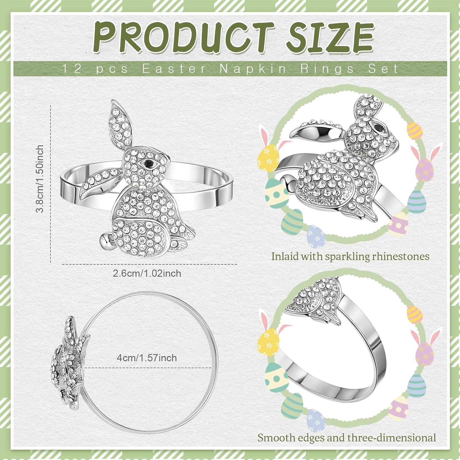 Remerry Easter Napkin Rings Set of 12 Silver Rabbit Bunny Metal Rhinestone Glitter Napkin Ring Holder Buckles for Easter Wedding Banquet Dinner Party Table Decoration