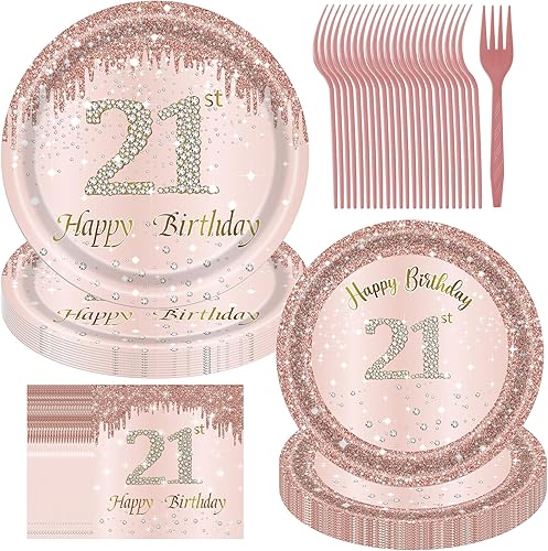 Miniatura 6 de Decoraciones de cumpleaños 60 para mujer, 96 platos y servilletas de decoración de cumpleaños 60, platos de oro rosa, suministros de fiesta,