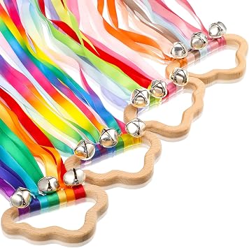 Aoriher 4 Pcs Dancing Ribbon Hand Kite Wand with Bells, Bright Colors