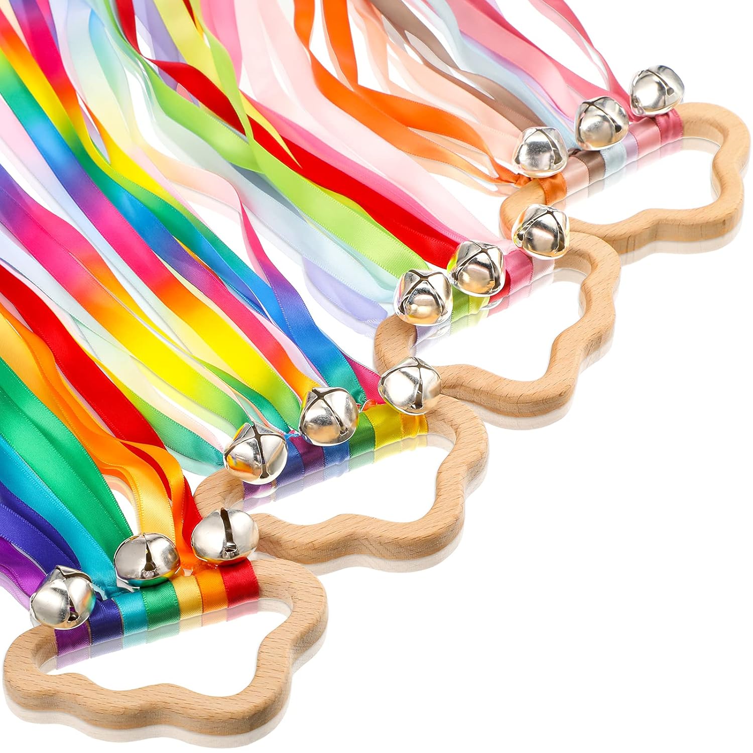 Aoriher 4 Pieces Rainbow Hand Ribbon Kite with Bells Wind Wand Dancing Ribbon Streamer Cloud Wood Sensory Toys Wooden Educational Toy for Party Birthday(Bright Colors)