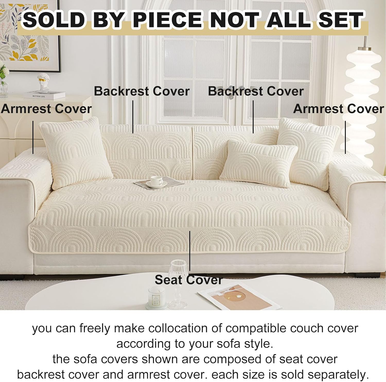 vctops Velvet Plush Couch Sofa Cover Geometric Quilted Sectional Couch Covers Non Slip Fluffy Soft Sofa Slipcover for Dogs, Children, Pets Furniture Protector (Cream,28"x47")