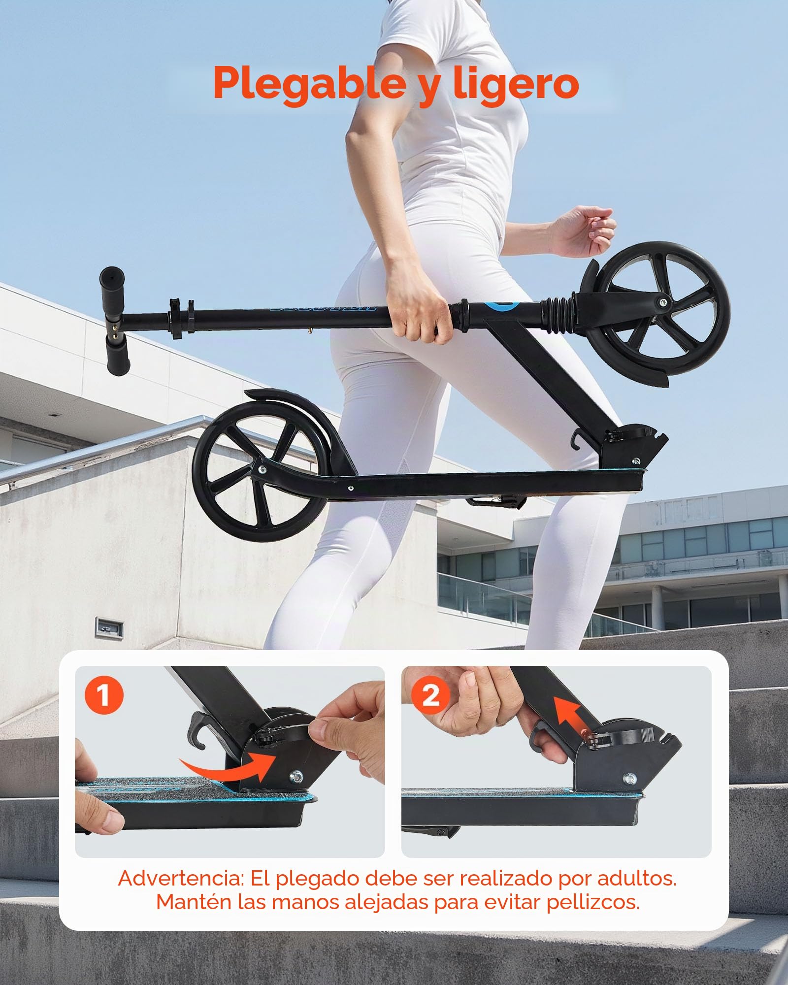 VEVOR Patinete 2 Ruedas, a Niños a Partir de 8 Años, Patinete Urbano Plegable con Manillar Regulable en Altura 860/930/1000 mm y Base Antideslizante, hasta 100 kg, Armazón de Acero, Negro y Azul