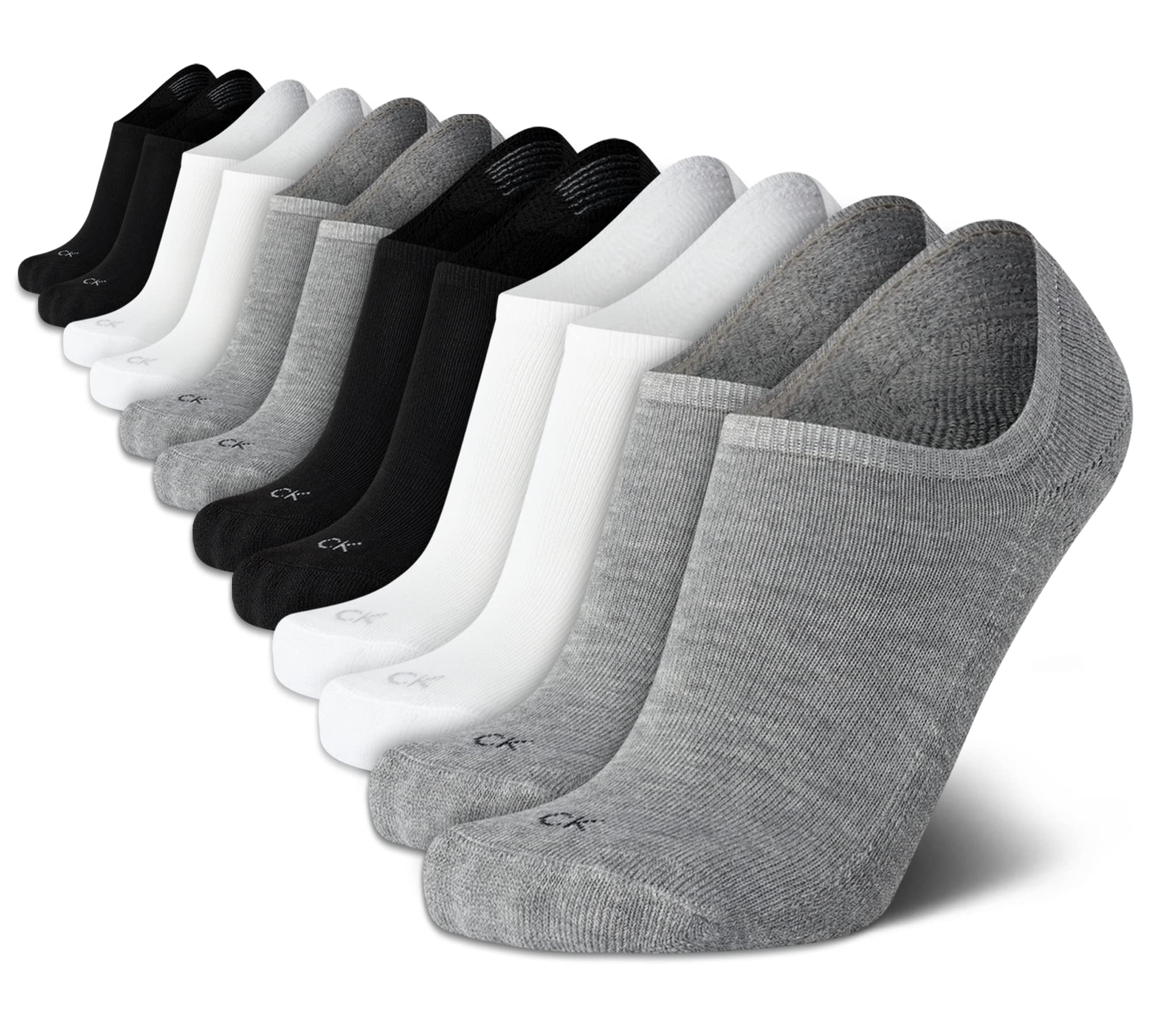 Calvin Klein Mens Liner Socks - 12 Pack Lightweight Performance Non Slip No Show Socks for Men - Athletic Shoe Sock Liners, White/Grey/Black, 5-12 UK