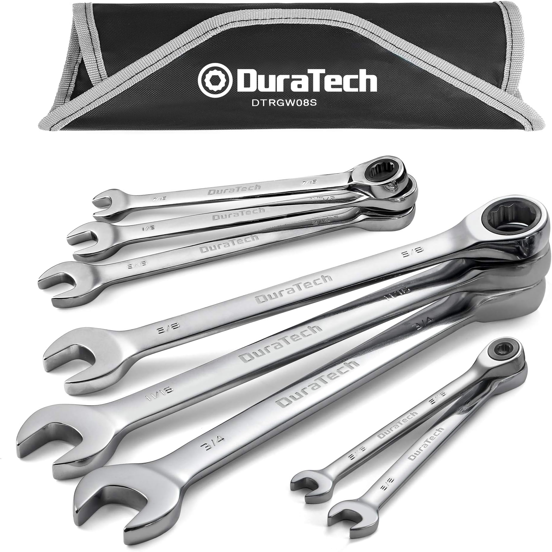 DURATECH Ratcheting Wrench Set, Combination Wrench Set, SAE, 8-piece, 5/16" to 3/4", CR-V Steel, with Pouch