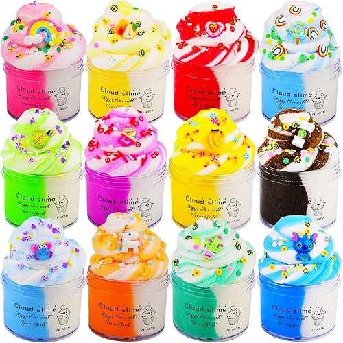 Paquete de 12 kits de limo de nube, con kit de slime de 12 colores y accesorios divertidos de slime, suave y antiadherente, juguetes educativos para