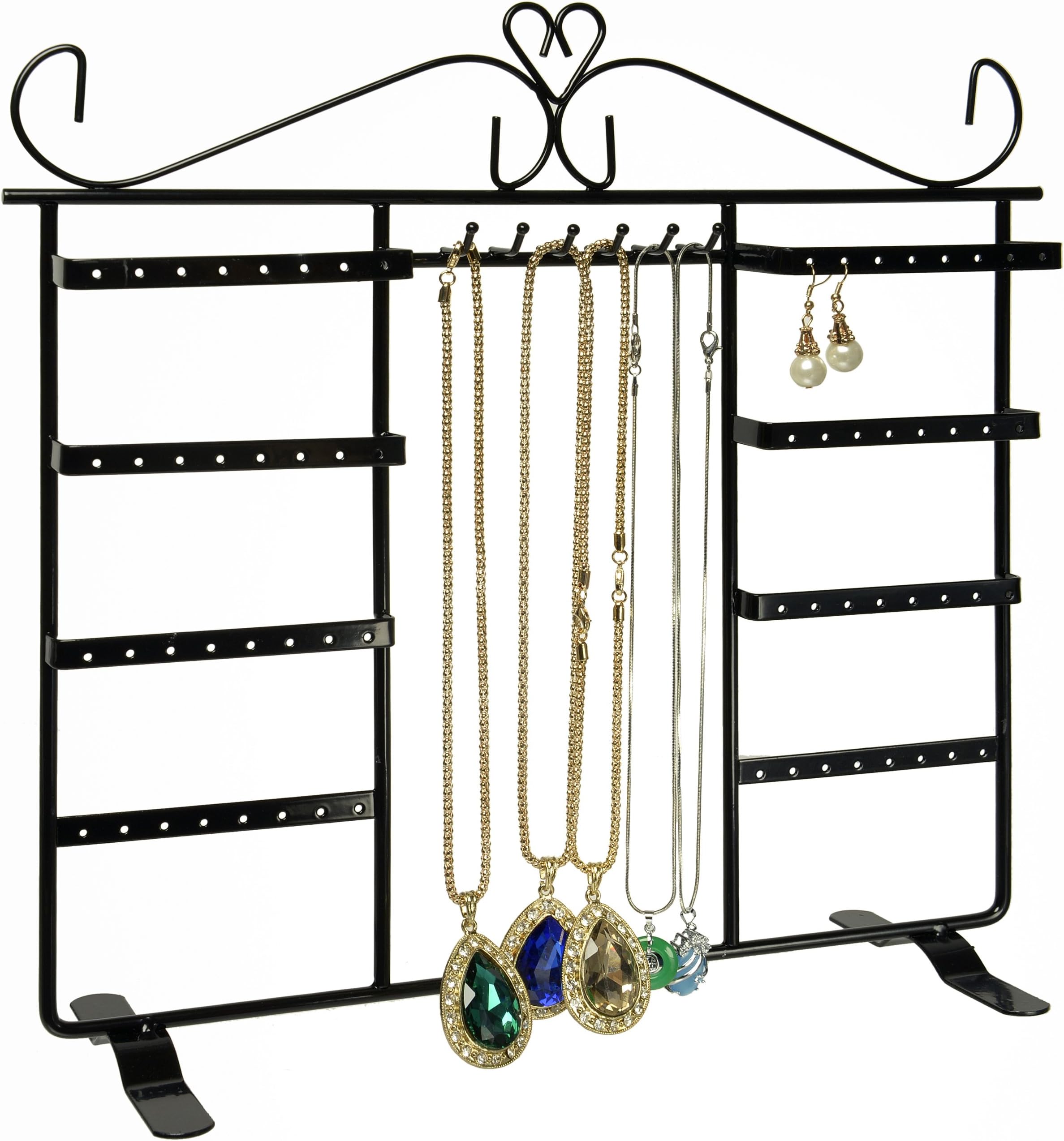 Jewelry Holder, Jewelry Stand for 64 Earrings and 8 hooks for hanging necklace, pendants or chains (BLACK)