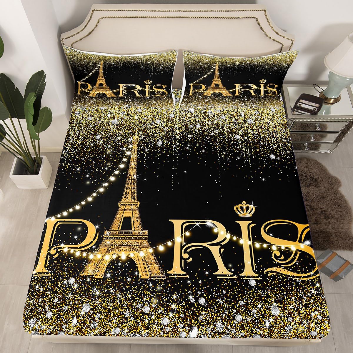 Black Golden Paris Bed Sheets Queen for Women,Girly Glitter Eiffel Tower Sheet Set for Valentine Day Gift,Gradient Diamond Bedding Set,Sparkles Sequins Fitted Sheet + Top Sheet + 2 Pillow Shams