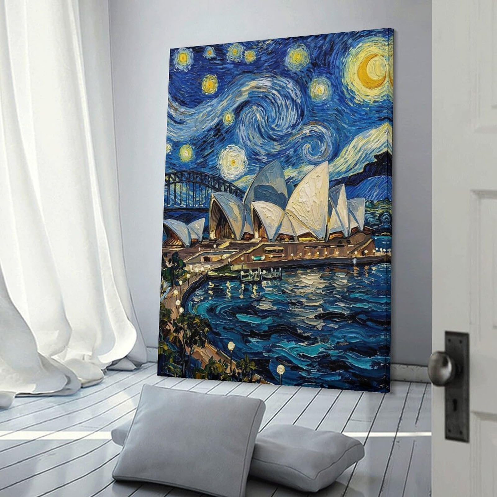 Junmoney Frame-Style-22 Canvas Wall Art Sydney Opera House Starry Night Painting, 24X36inch(60X90cm), For Lounge, Study, Hallway Or Flat Walls, Canvas Wall Art That Fits Changing Layouts