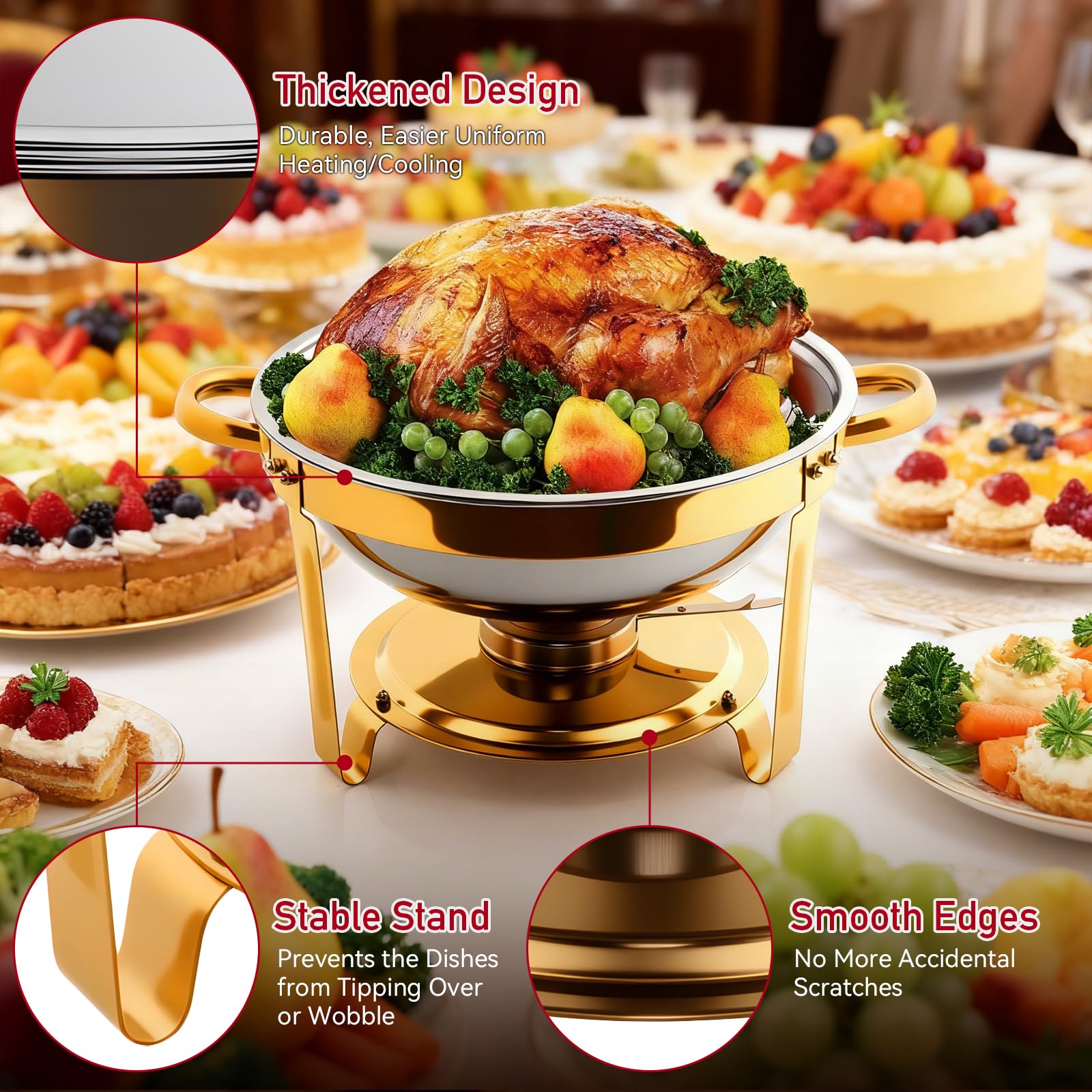 Chafing Dish Buffet Rotondo, 4 Pezzi Buffet per scaldavivande, 5QT Scaldavivande con Portacoperchio, Accessori per Catering e Buffet per Feste, Matrimoni e Eventi
