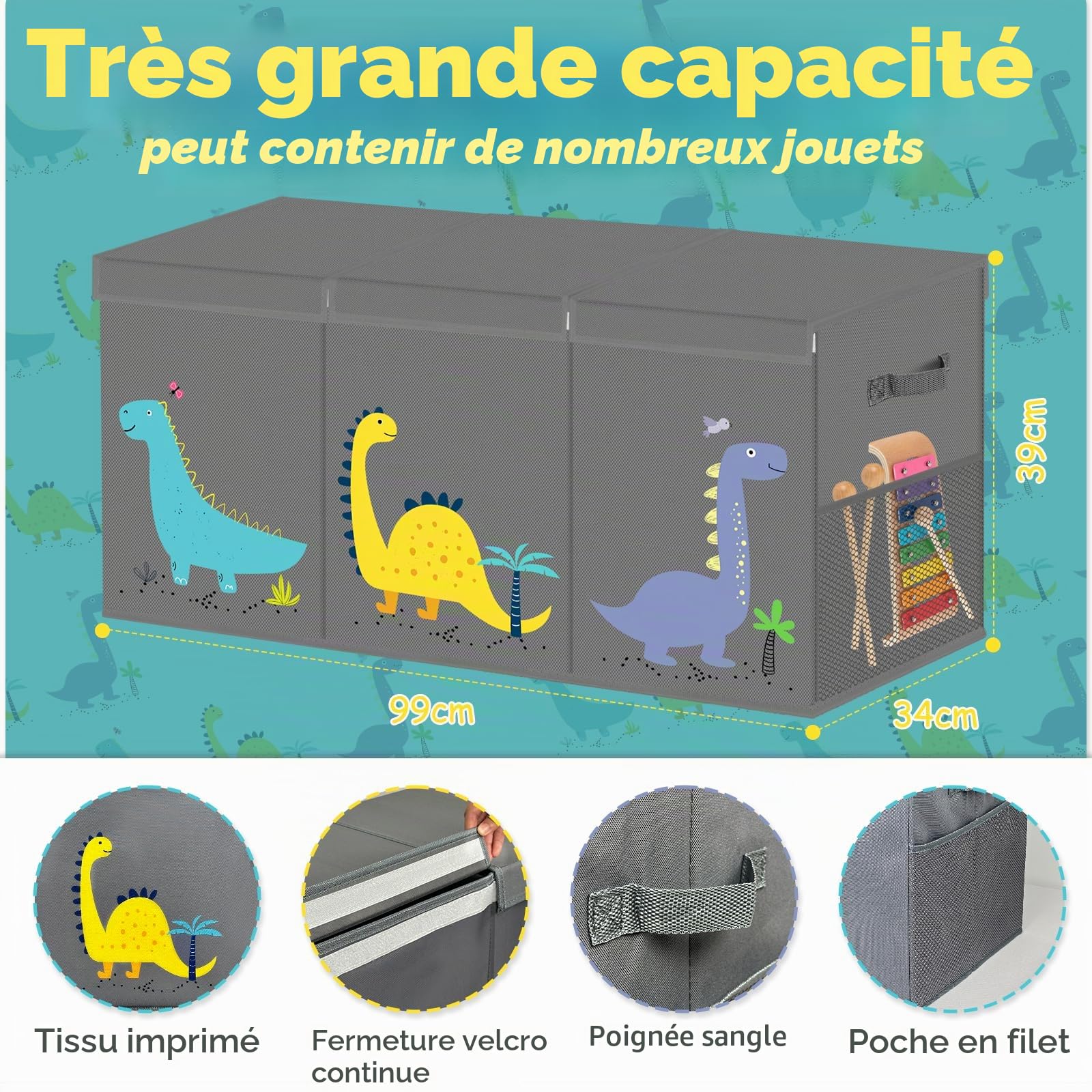Boîte de rangement à jouets avec couvercle - Extra large - Boîte de rangement pour enfants - Pliable - Avec poignées - Cloison de rangement pour chambre d'enfant, vêtements, chambre à coucher