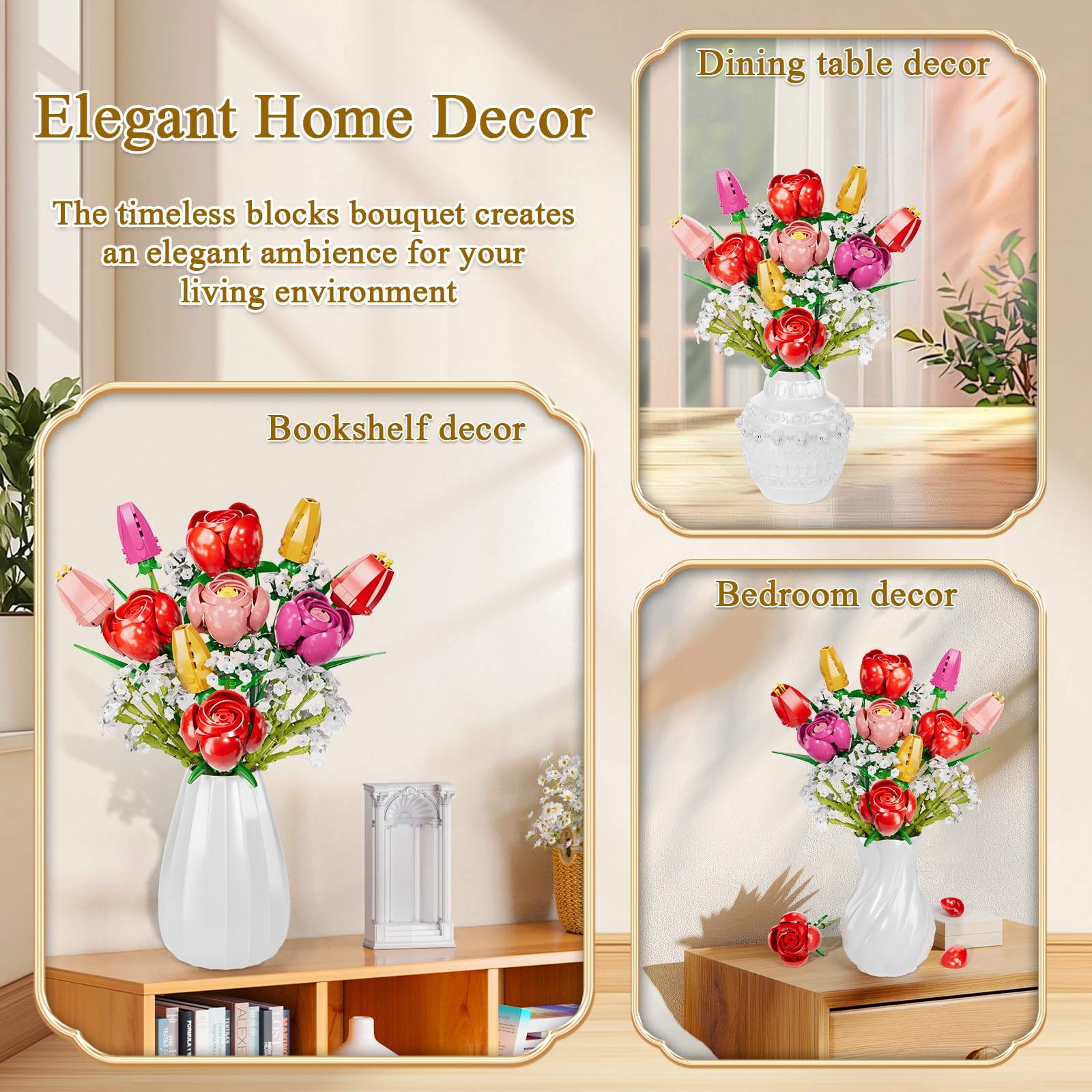 Set de Construcción de Ramos de Flores, Kit de Construcción de Ramo de Flores de Tulipanes Rosas, Colección de Flores Artificiales Botánicas para Adultos, Niños, Regalos de San Valentín