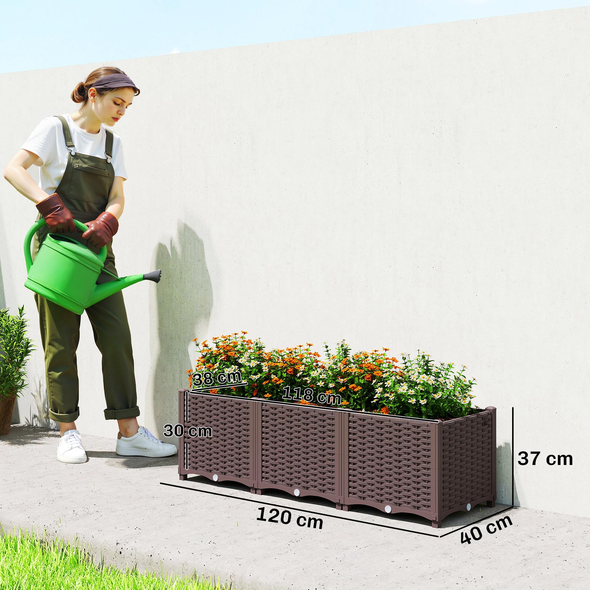Outsunny Jardinière surélevée, lit de Jardin en Plastique, jardinières Auto-irrigantes avec Trous de Drainage et Bouchons, Montage Facile pour légumes, Fleurs, Herbes, 120 x 40 x 37 cm, Marron