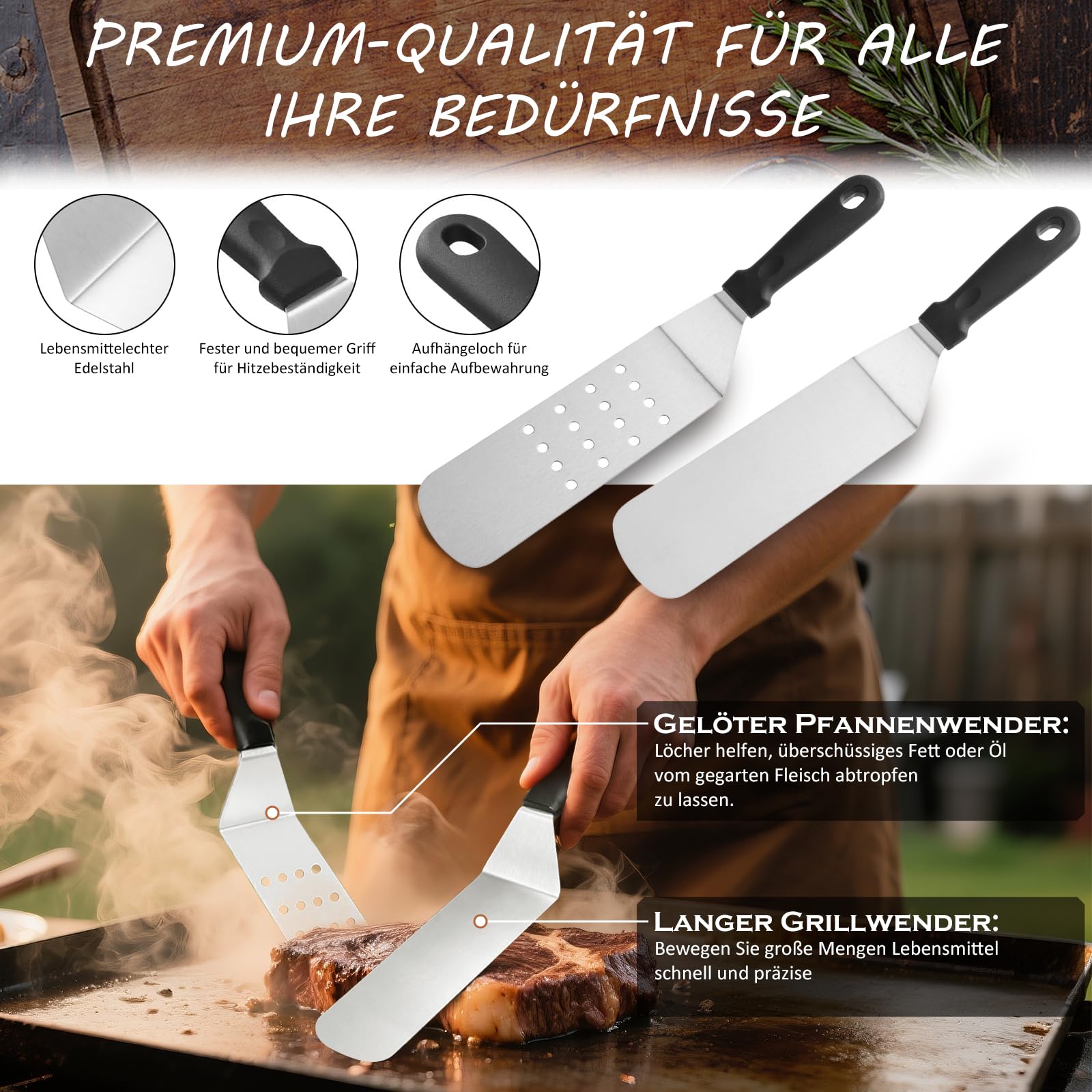 35 Stück Grillspachtel Set aus Edelstahl - Teppanyaki Grillschaufel Set, Smash Burger Set, mit Burger Glocke & Plancha Zubehör, für Grillen, Picknick, Camping