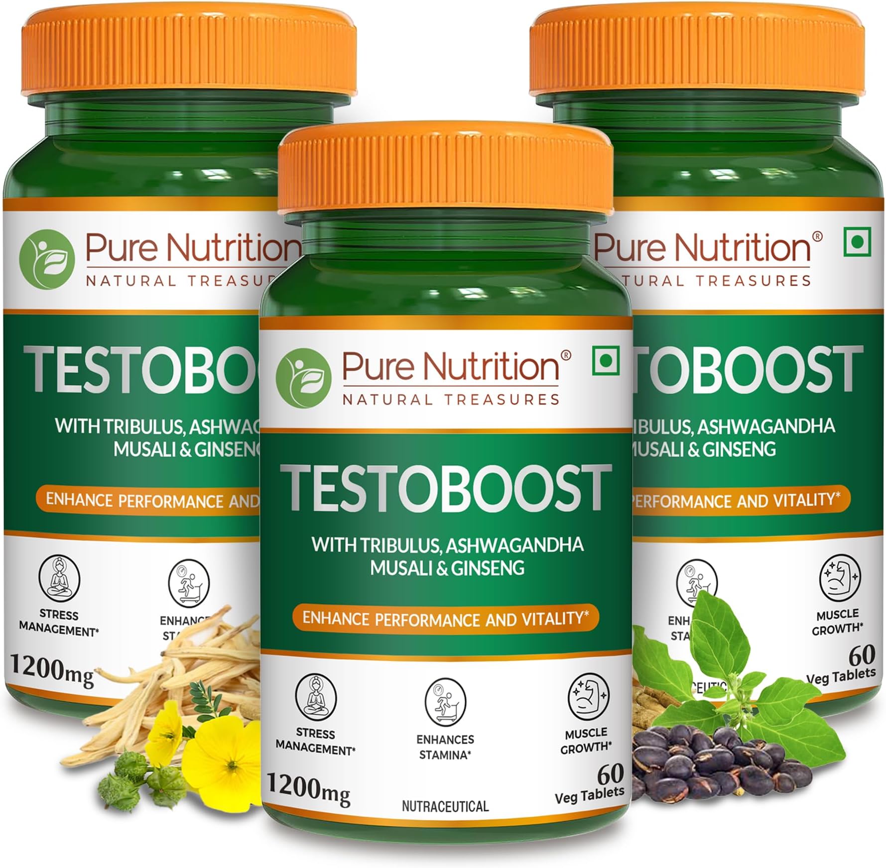 Pure Nutrition Testosterone Supplement for Men with Tribulus, Gokshura, Ashwagandha, Safed Musali, Kaunch Beej & Ginseng, Supports Energy, Stamina & Strength, 180 Veg Tabs (60 x 3)
