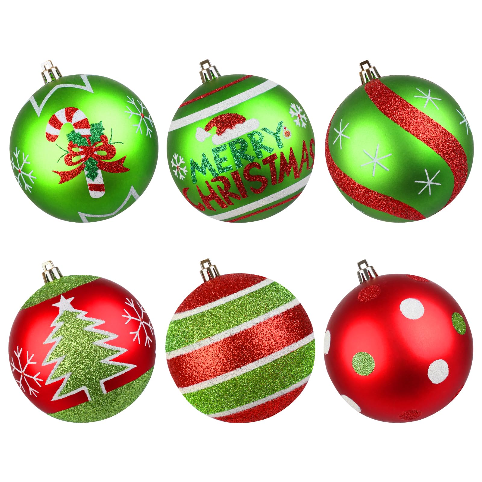 Lanpn Large Outdoor Christmas Baubles, 6Pcs Glittering Xmas Elf Ball Ornament Decoration, Big Red Green Christmas Tree Bulbs, 10cm Giant Plastic Hanging Decor for Lawn Yard Holiday Party