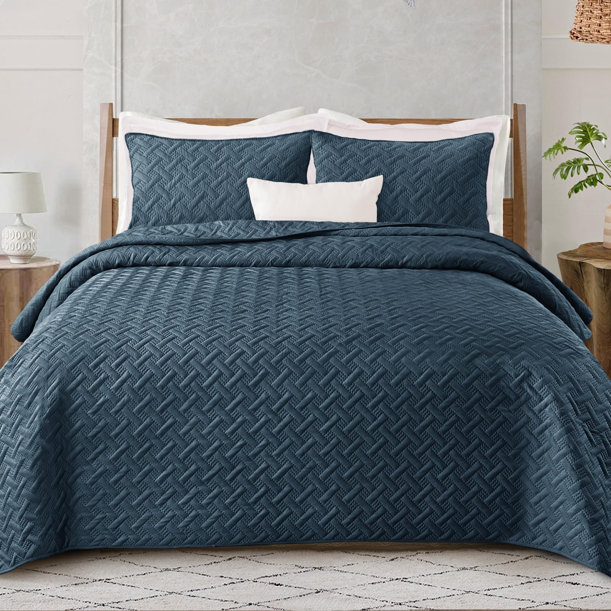 Exclusivo Mezcla Soft Quilt Set Twin Size, 2 Pieces Lightweight Quilts Navy Bedspreads Coverlets Bedding Set for All Seasons, Weave Pattern