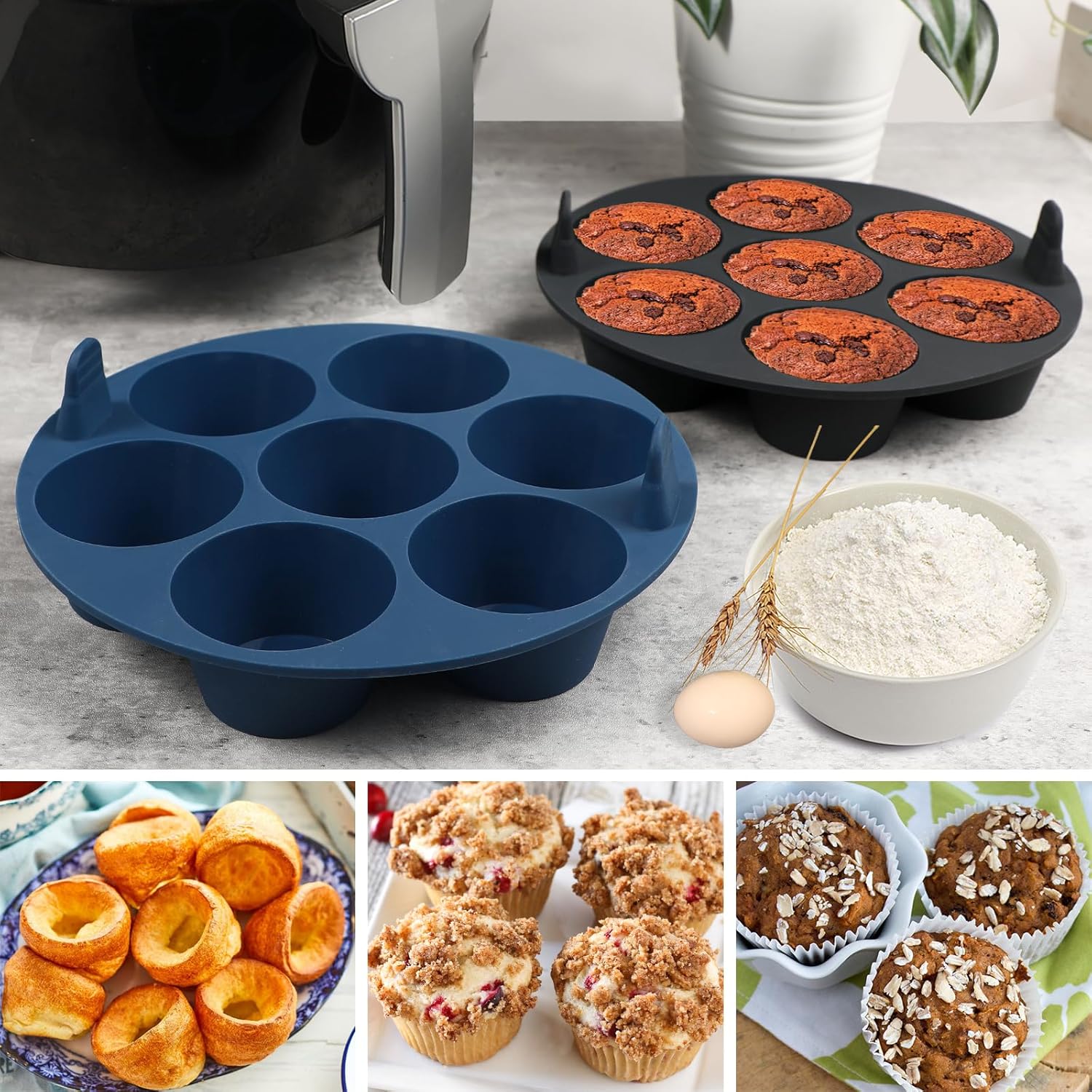 Webake 2PCS Silicone Air Fryer Muffin Pan for Baking Nonstick Egg Btes Silicone Mold BPA Free Muffin Tins Baking Cups - Image 2