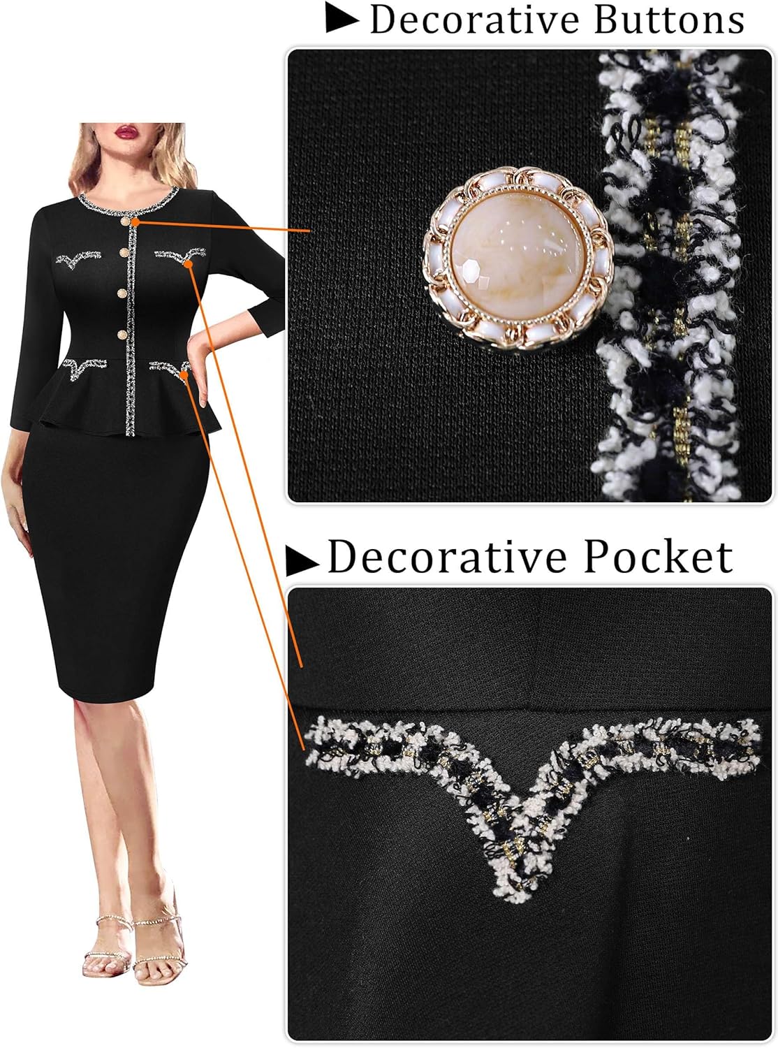 VFSHOW Womens 2024 Work Office Business Buttons Peplum Dress Vintage Church Crew Neck Patchwork Slim Pencil Sheath Dress (Black, XX-Large) 11401 BLK XXL