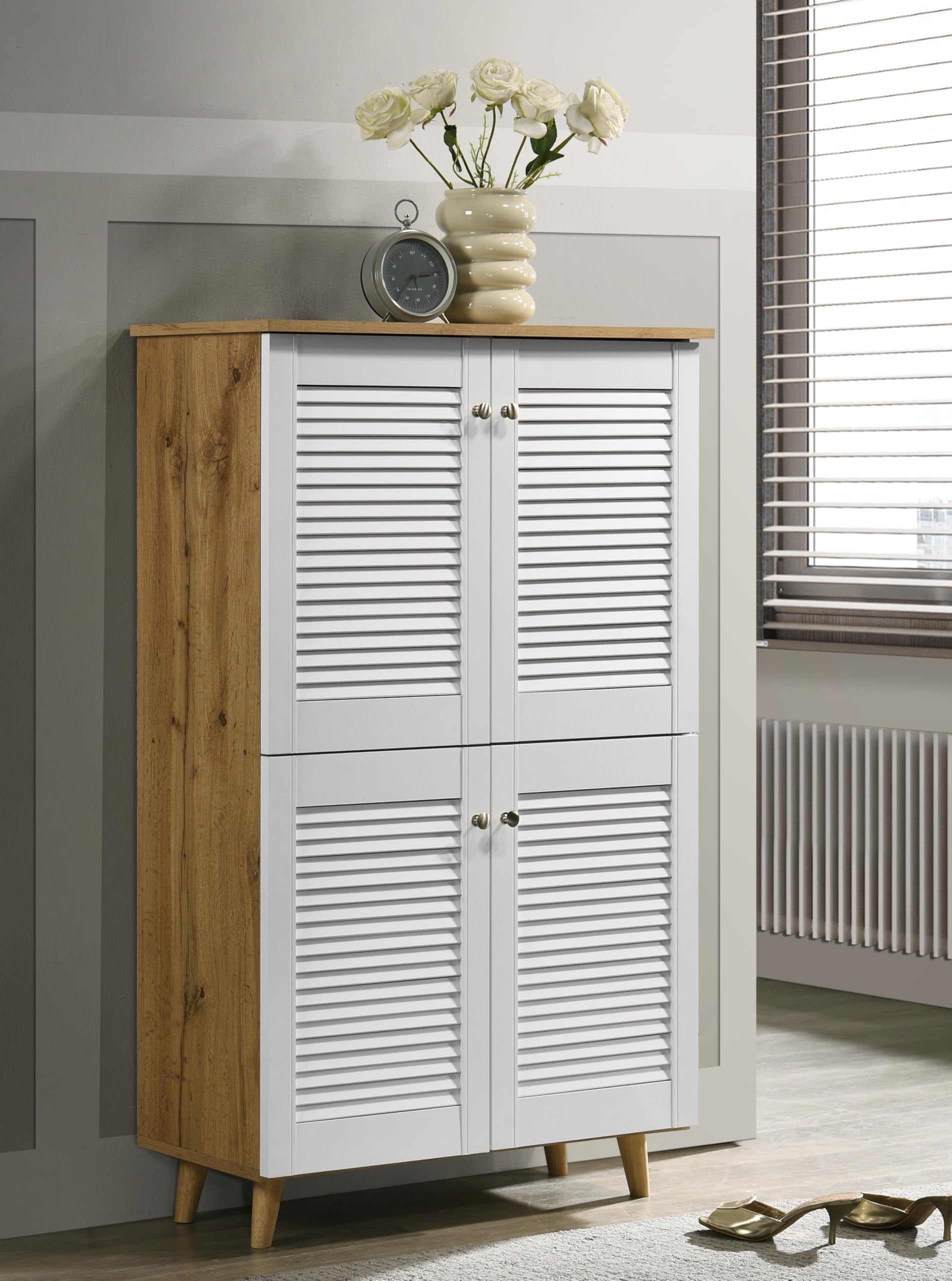 DeckUp Noordin 4-Door Engineered Wood Shoe Rack (Wotan Oak & White