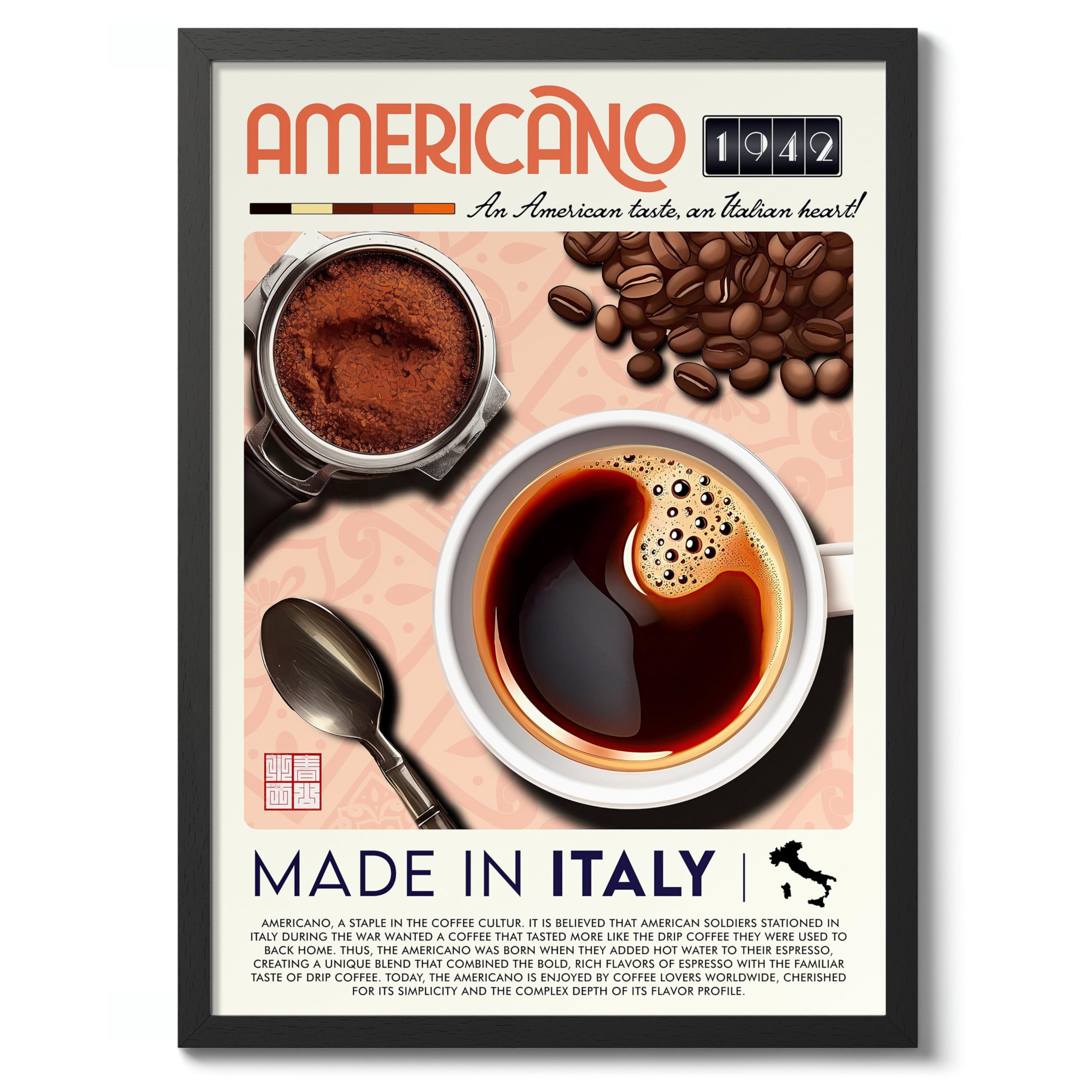 Americano Kitchen Poster, Food Wall Art Modern Print, Restaurant Decor, Chef Dining Room Interior Design, Archival Matte, A3 (Black Frame) - 42x29.7cm