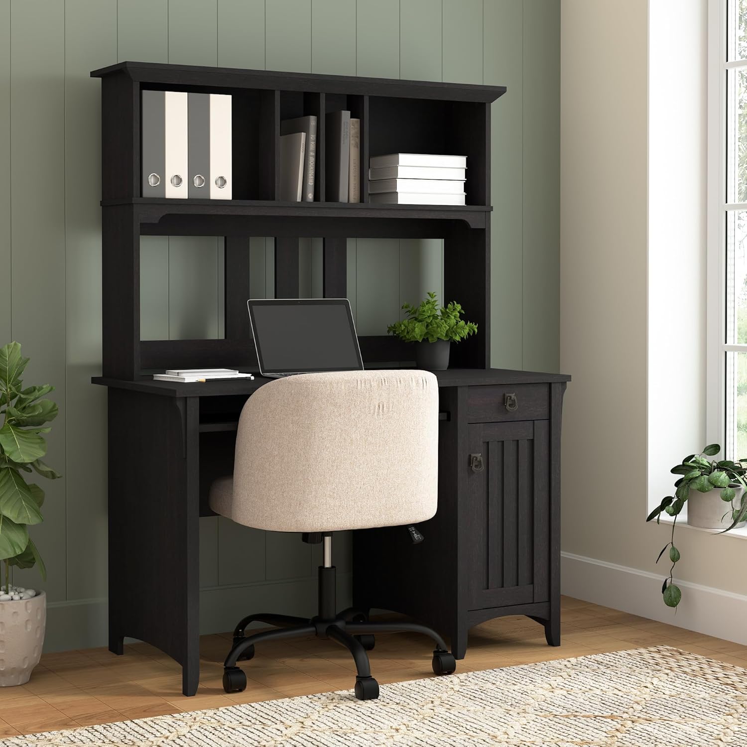 Bush Home Salinas Computer Desk with Hutch | Study Table with Drawers, Cabinets & Pullout Keyboard/Laptop Tray | Modern Home Office Desk in Vintage Black | Work Desk with Storage