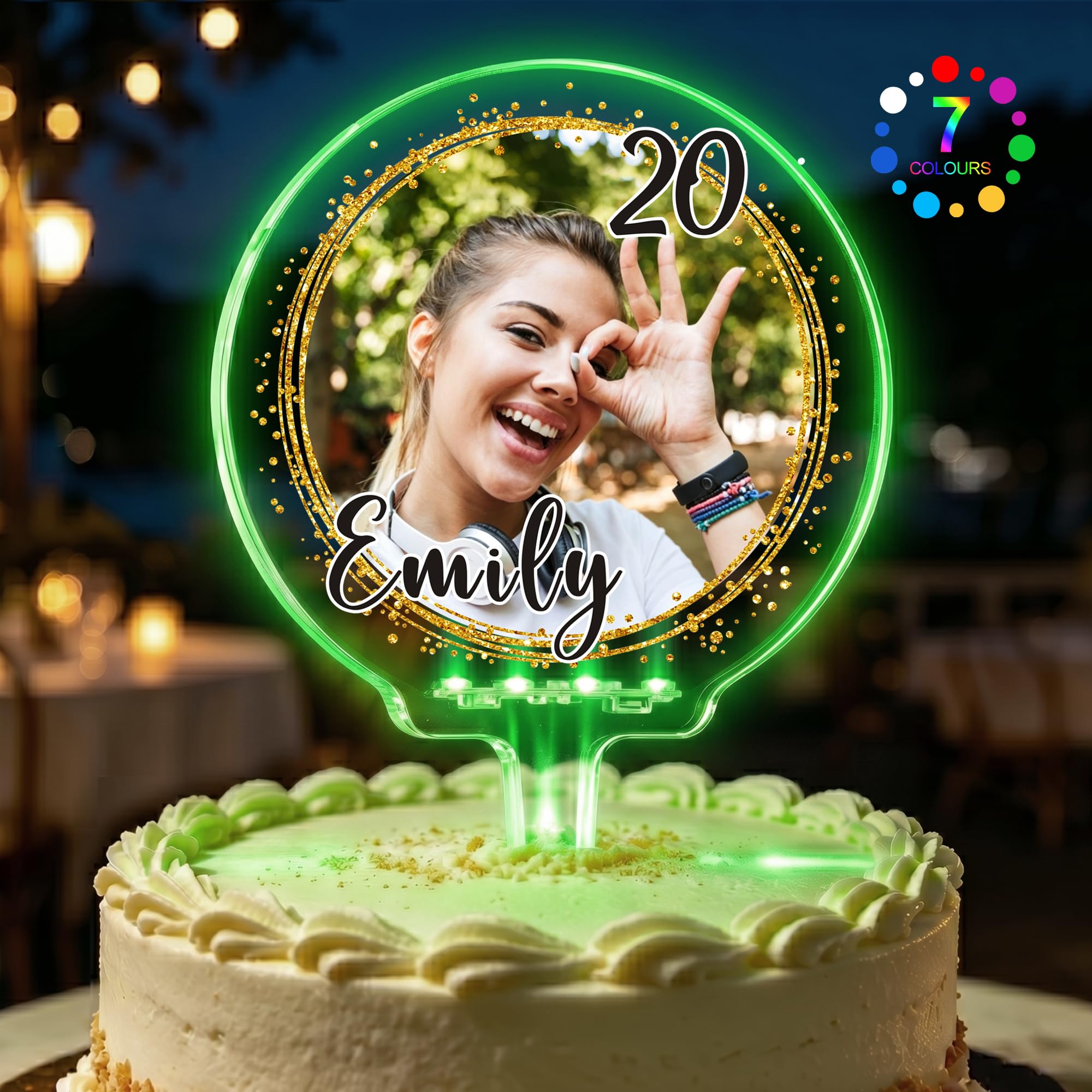 EDSG LED Personalised Cake Topper, 7 Colour Changes Light Up Cake Decorations, Happy Birthday Cake Toppers with Photo, Birthday Party Supplies for Boys and Girls Women Man (Design 2)