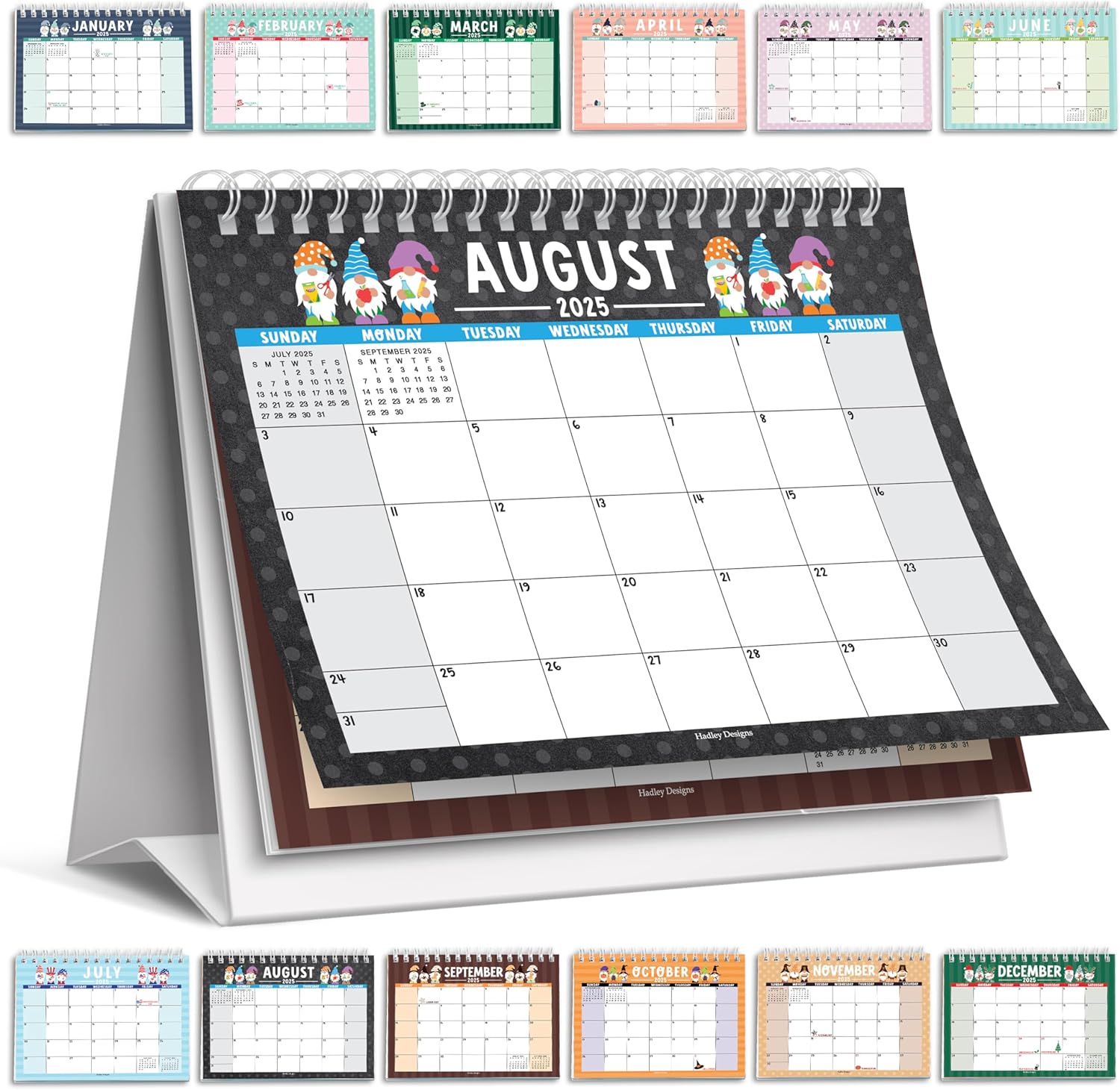 Hadley Designs Small Desk Calendar 2025-2026 Standing Flip – 18-Month Flip Calendar for Desk, Ideal for Office, Home, & Classroom – Cute Monthly Designs, Compact & Sturdy (Gnome) Gnome 2025-2026