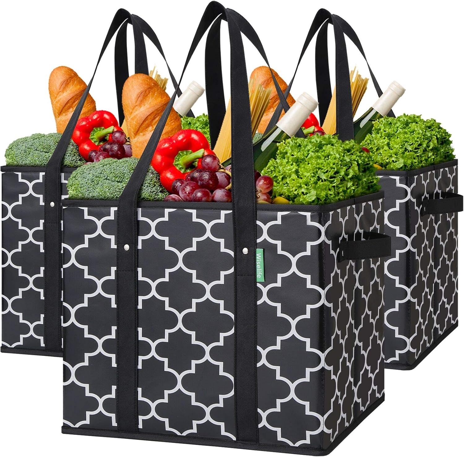 WISELIFE Reusable Grocery Bags 3-Pack Foldable Washable Large Storage Bins Basket Water Resistant Shopping Tote Bag Black: Home & Kitchen