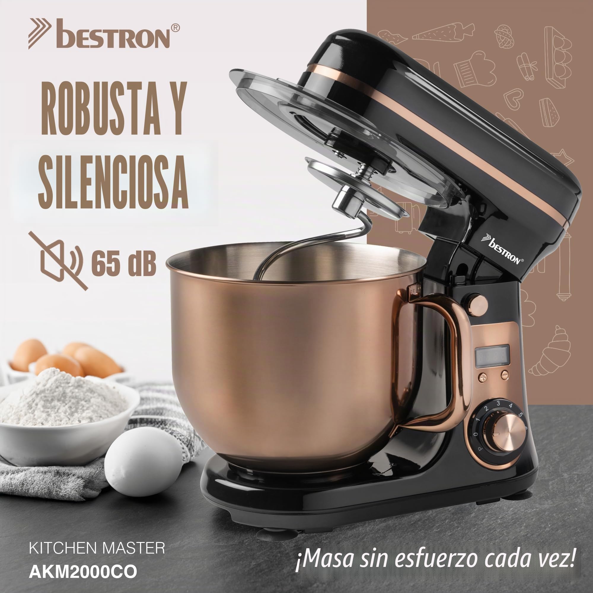 Bestron - Robot pastelero (65 dB), robot de cocina 4 en 1, cuenco de 6 litros, incluido gancho amasador, batidor y batidor plano, 6 velocidades + función Pulse, Cobre