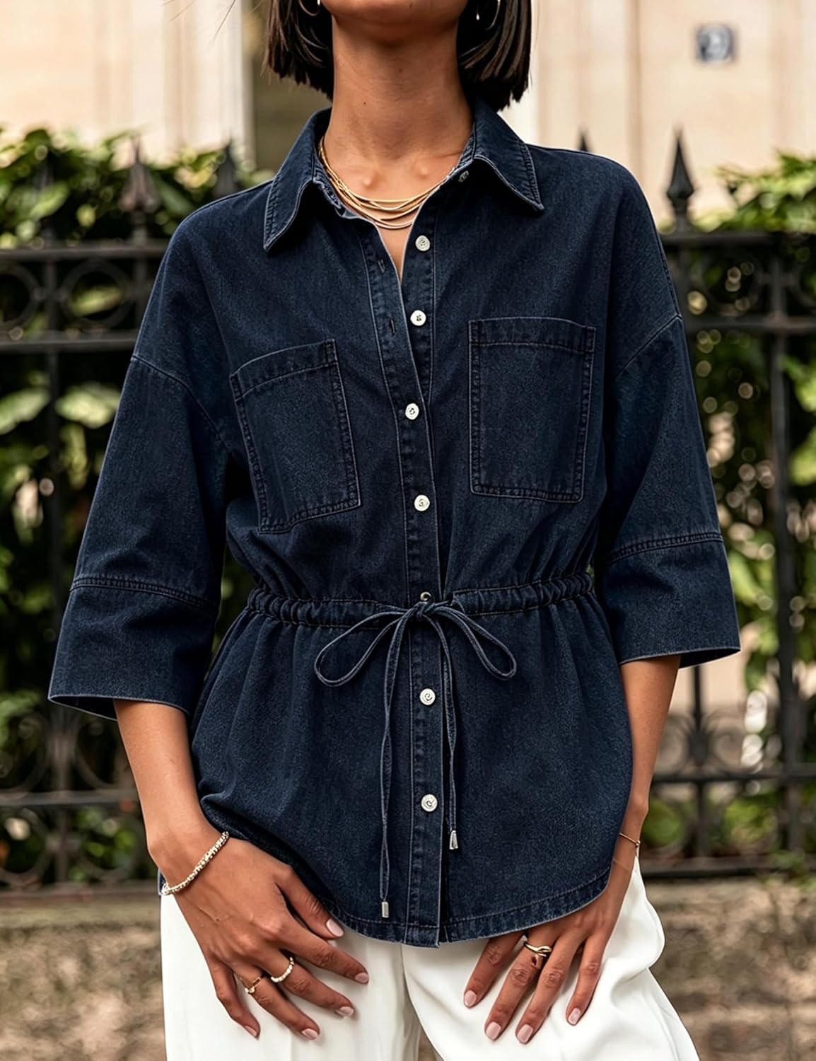 Women Denim Shirts Oversized Long Sleeve Button Down Blouse Fall V Neck Casual Top Trendy Drawstring Waist Daily Wear