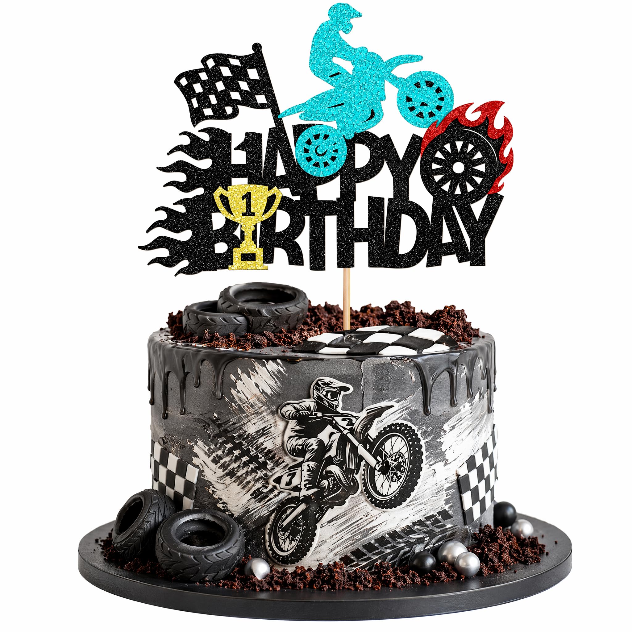 Merzio Motorbike Cake Topper Happy Birthday Dirt Bike Cake Decorations Glitter Motocross Theme Party Supplies for Men Sports Racing