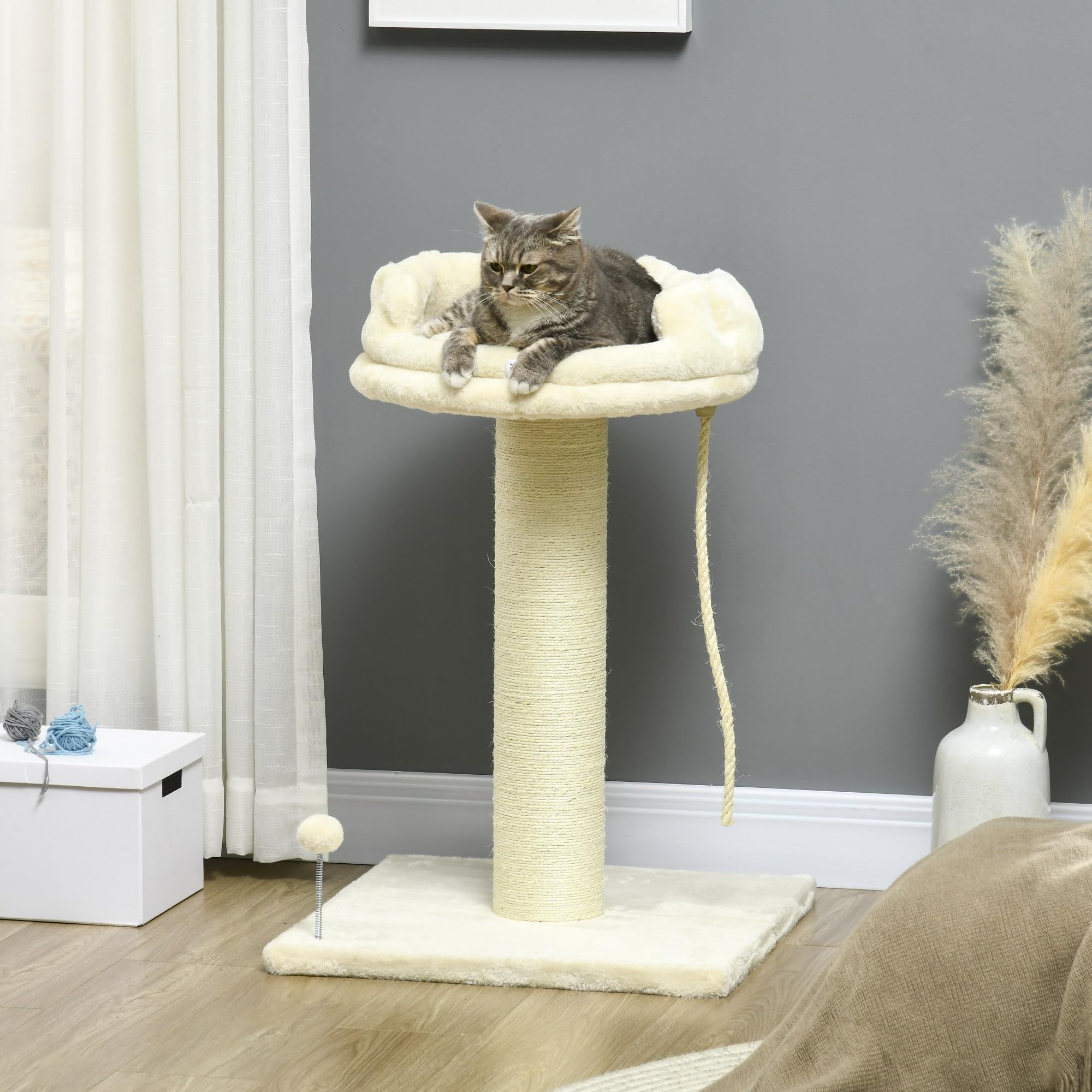 PawHut Árbol para Gatos de 83 cm, Torre para Gatos de Interior con Postes rascadores de sisal, Cama ampliada para Gatitos, Pelota y Juguete de Cuerda, Color Crema