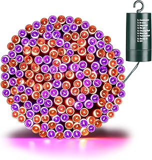 iBaycon Orange and Purple Halloween Lights, Battery Operated 66ft 200 LED Orange+Purple String Lights Waterproof Halloween Lights with 8 Modes & Timer for Halloween Decorations（Orange+Purple）