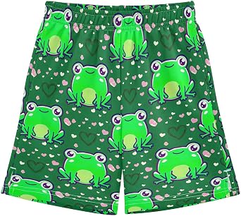 Green Kawaii Frog Boys Vacation Outfits Elastic Waist Loose Fit Wide-Leg Boys Basketball Shorts XS
