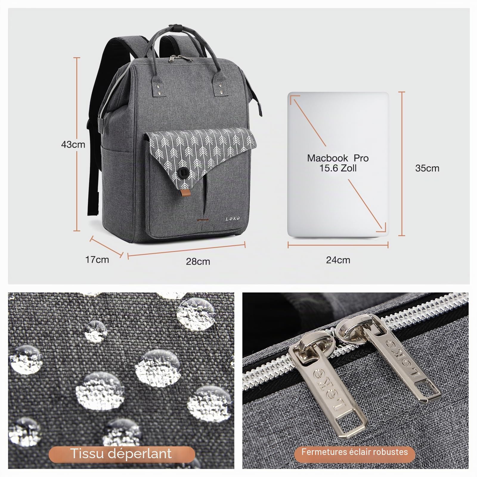 Lekesky Sac à Dos Ordinateur Portable Femme 15.6 Pouces Antivol Imperméable Gris/Noir