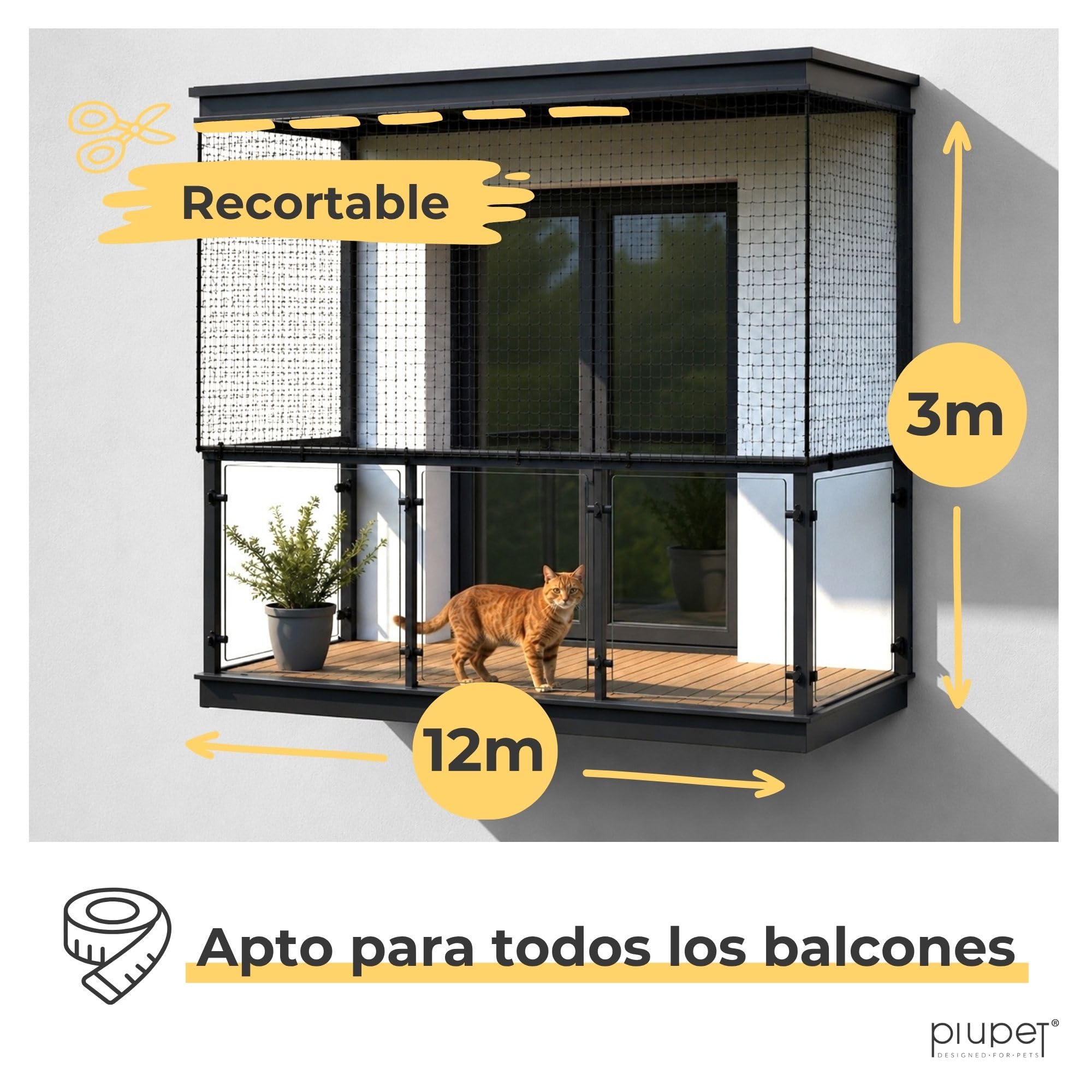 PiuPet® Juego Completo de Red para Gatos sin Necesidad de taladrar, 12 x 3 m (Negra) – Reforzada con Alambre, Incluye Ganchos Adhesivos y Adhesivo de Montaje para Balcones y Ventanas